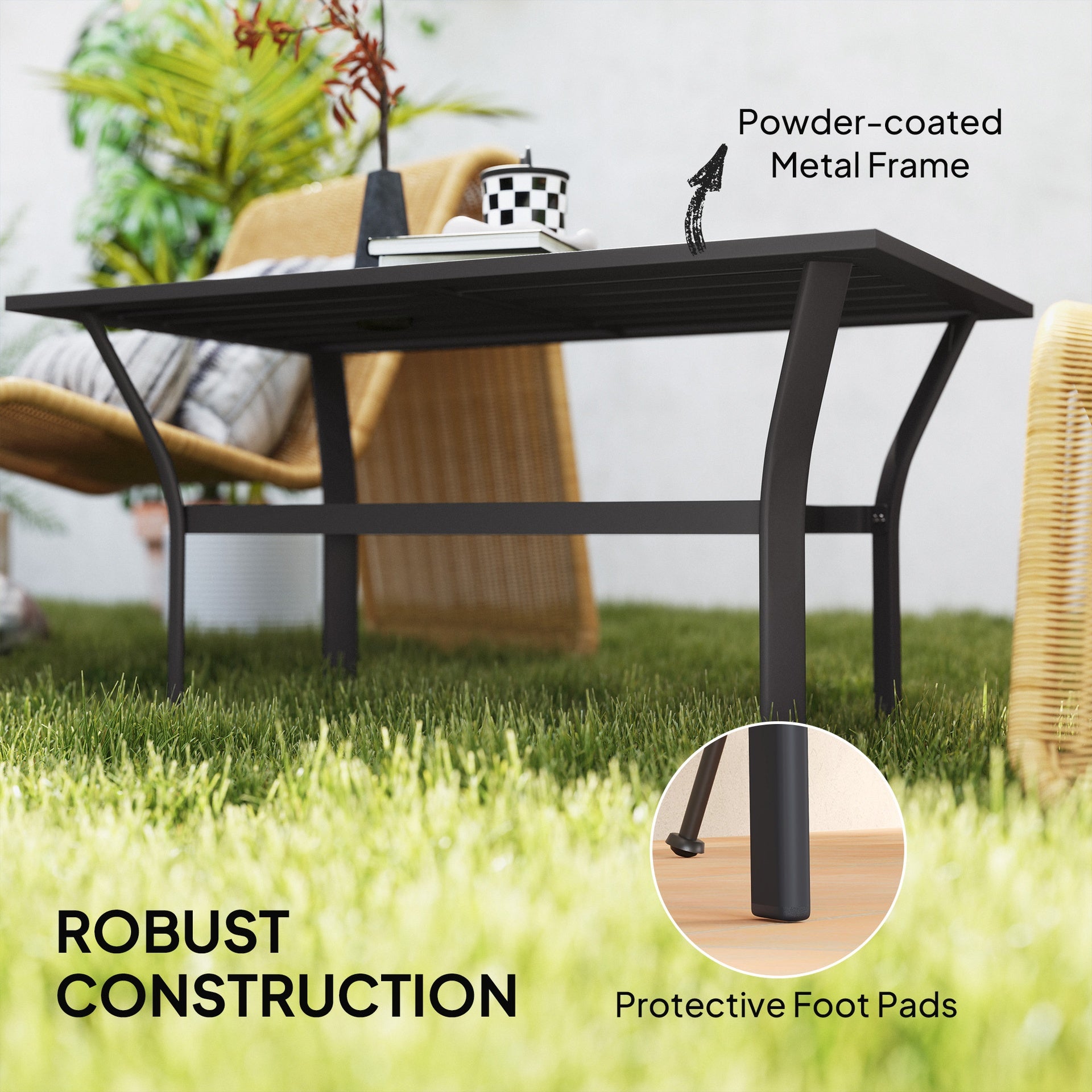 Outsunny Outdoor Coffee Table with Slatted Tabletop, All-Weather Rectangle Metal Patio Coffee Table for Garden, Black