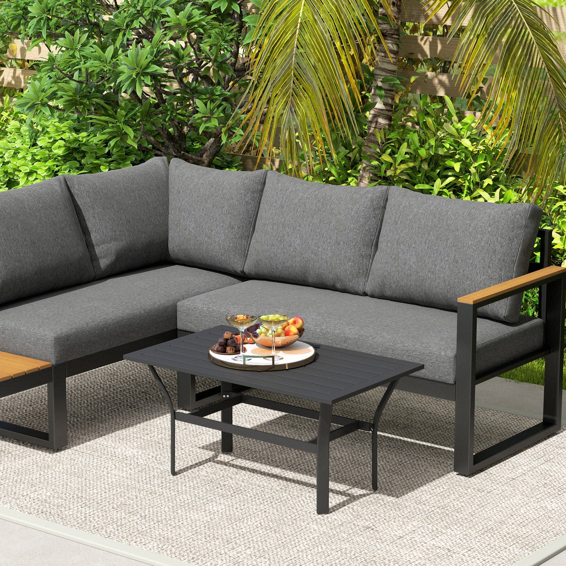 Outsunny Outdoor Coffee Table with Slatted Tabletop, All-Weather Rectangle Metal Patio Coffee Table for Garden, Black