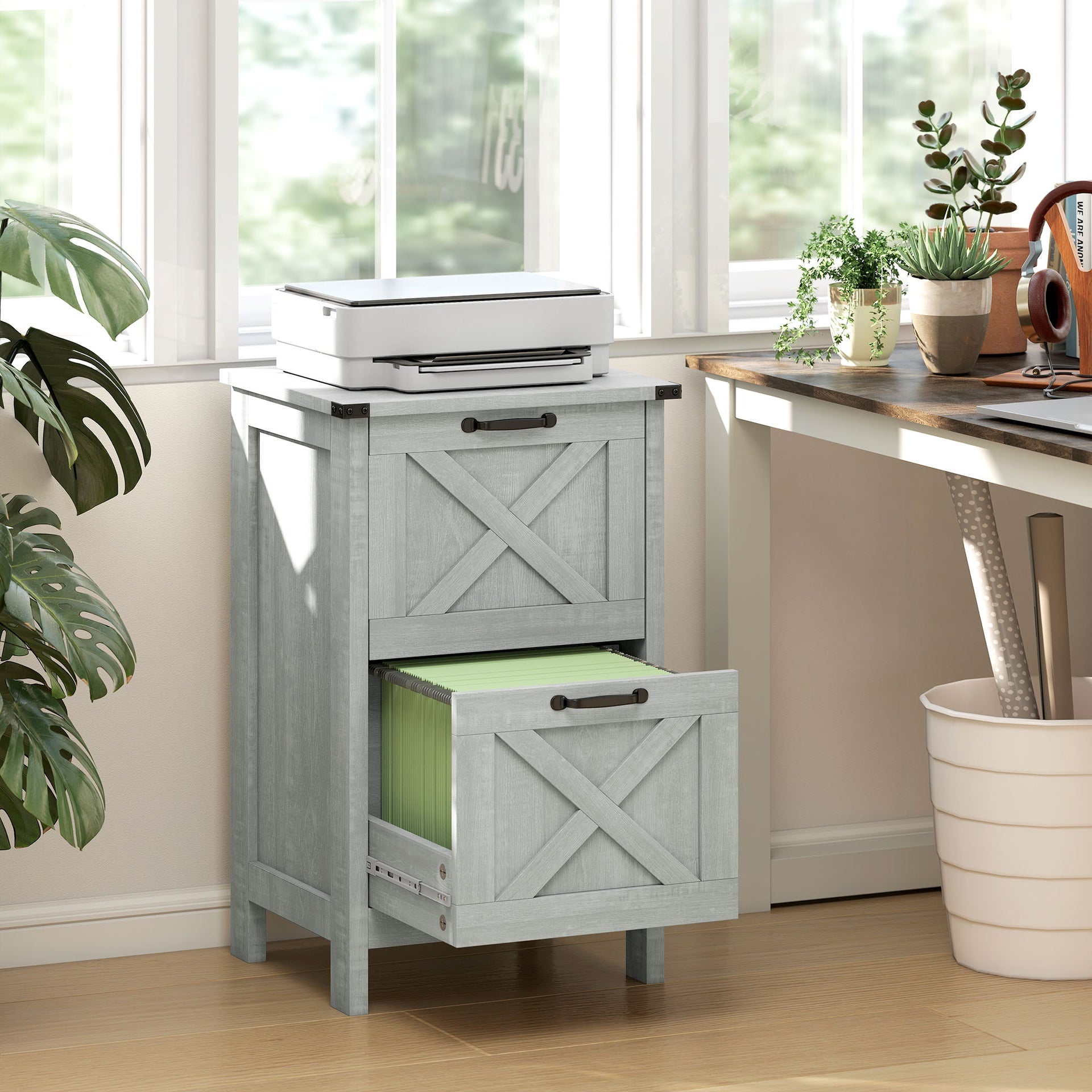 HOMCOM Vertical File Cabinet with 2 Drawers, Rustic Farmhouse Office Storage Cabinet for A4, Letter Size, Distressed Light Gray