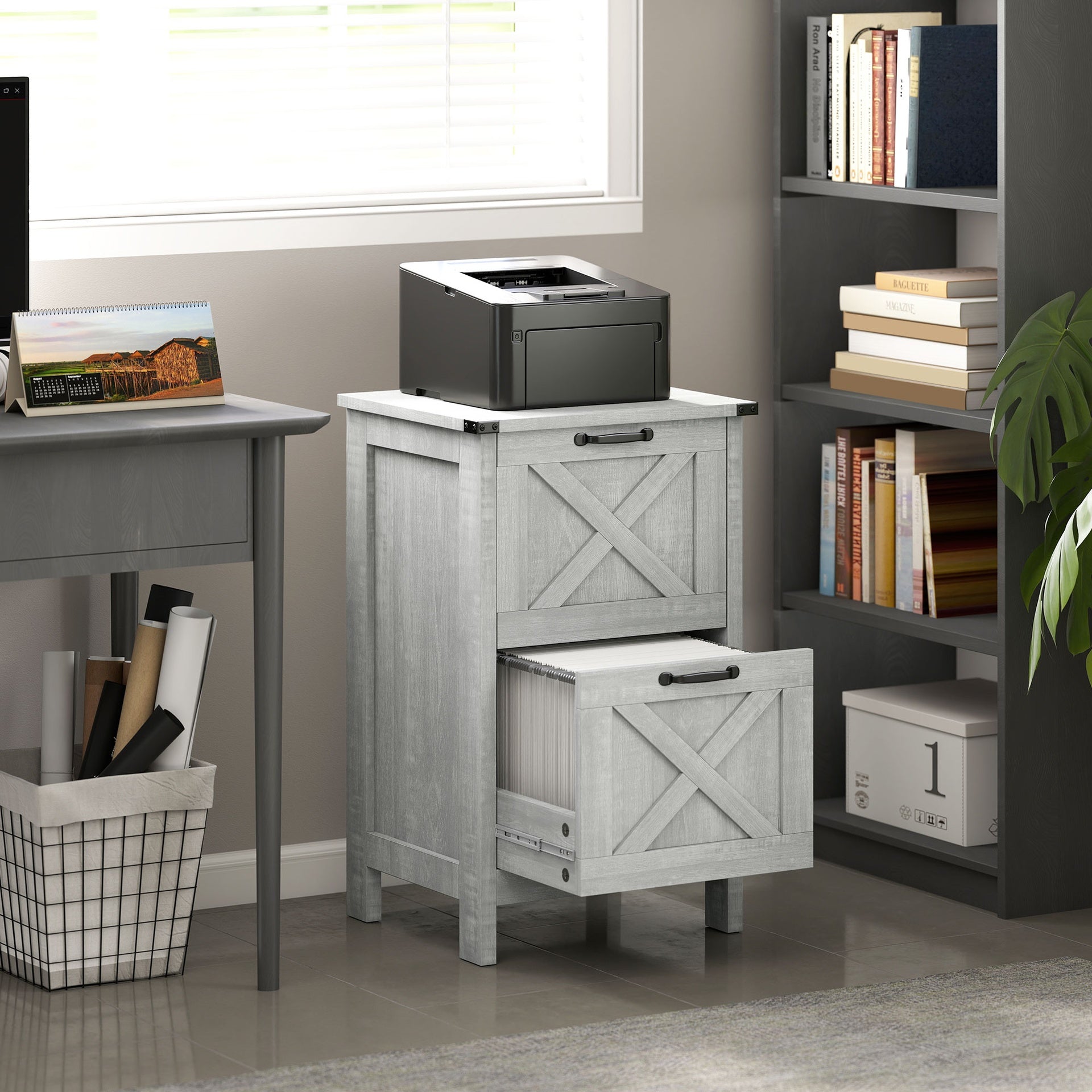 HOMCOM Vertical File Cabinet with 2 Drawers, Rustic Farmhouse Office Storage Cabinet for A4, Letter Size, Distressed Light Gray