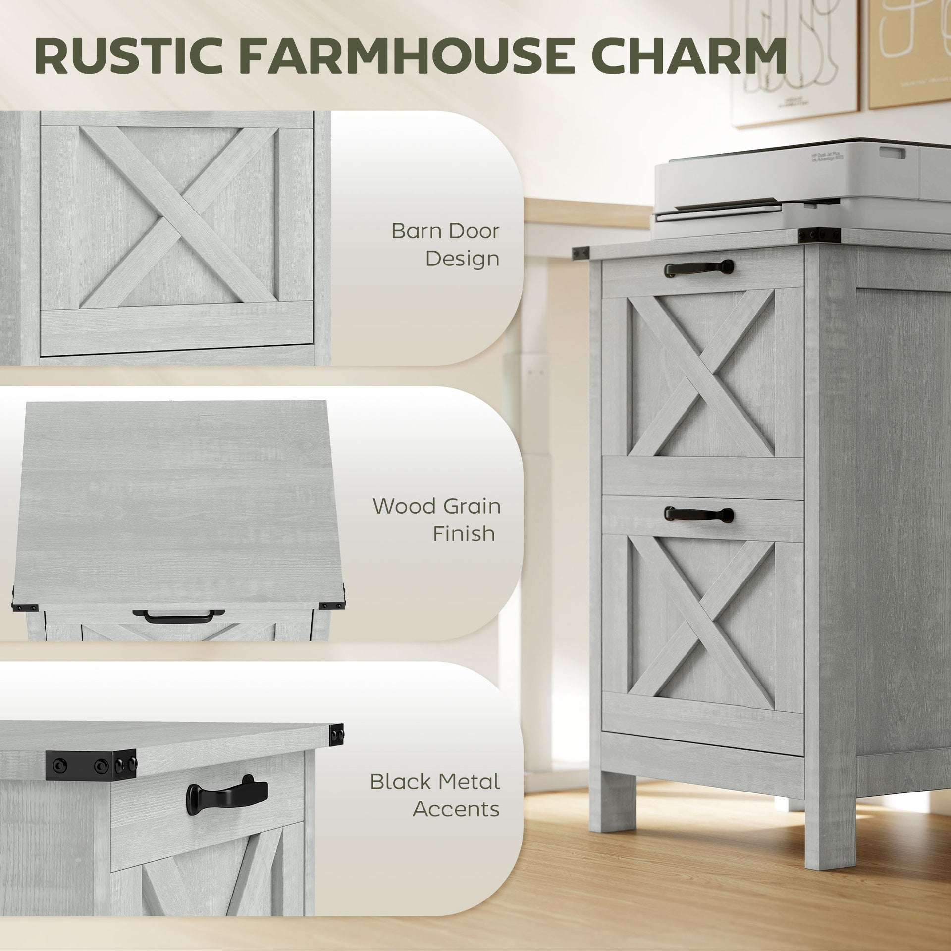 HOMCOM Vertical File Cabinet with 2 Drawers, Rustic Farmhouse Office Storage Cabinet for A4, Letter Size, Distressed Light Gray