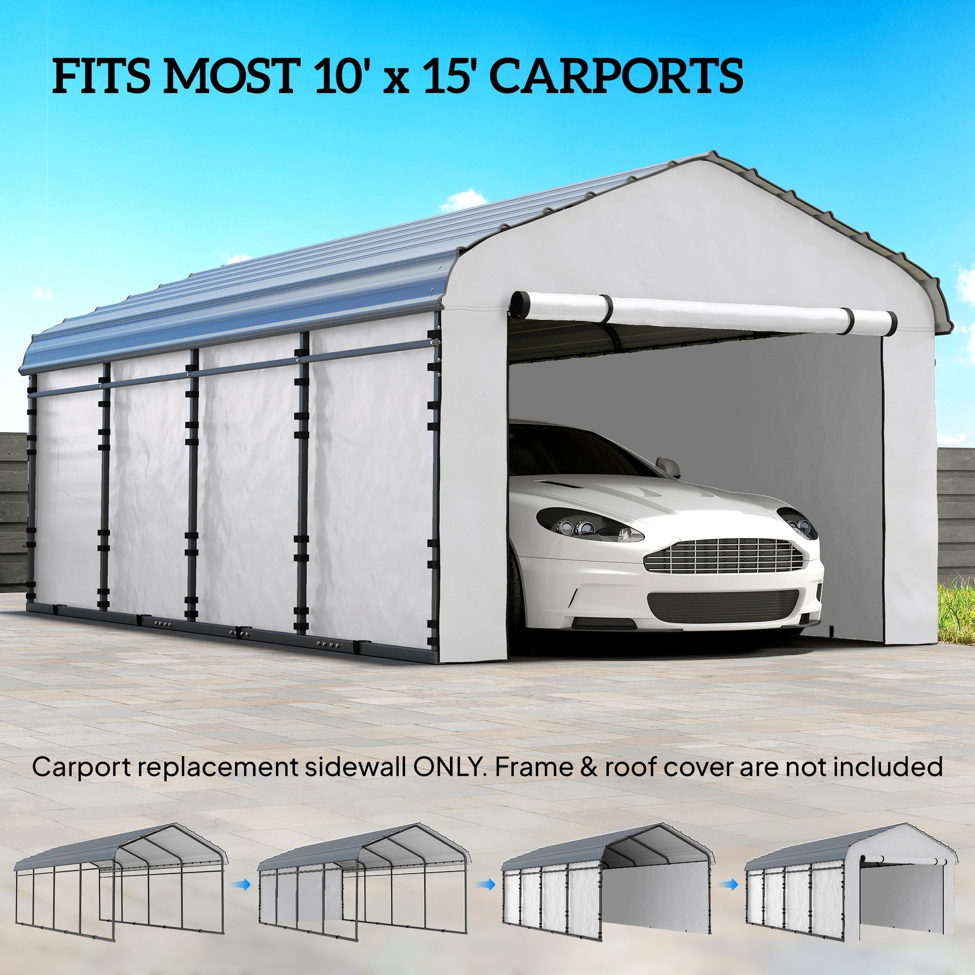 Outsunny Carport Replacement Sidewall Panel for 10' x 15' Carports, UPF50+ Waterproof Replacement Side Wall Cover, White