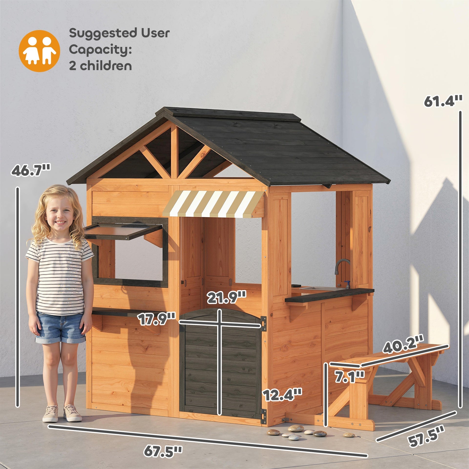 Qaba Wooden Kids Playhouse with Play Kitchen, Picnic Bench, Serving Station, Windows and Door for Backyard, Ages 3–8, Brown