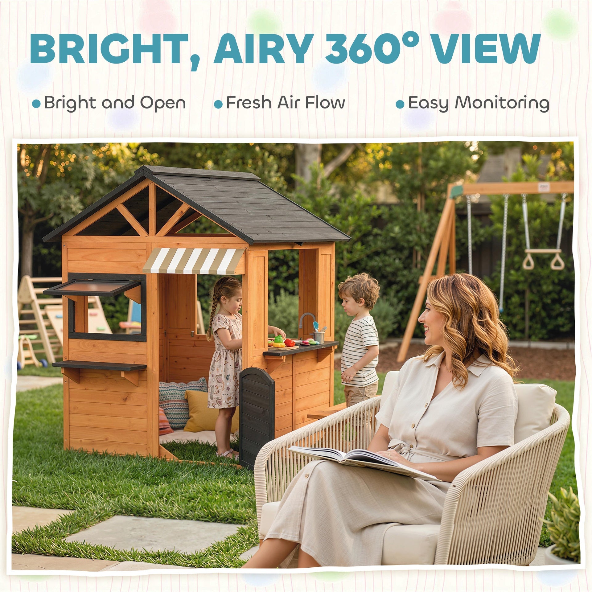 Qaba Wooden Kids Playhouse with Play Kitchen, Picnic Bench, Serving Station, Windows and Door for Backyard, Ages 3–8, Brown