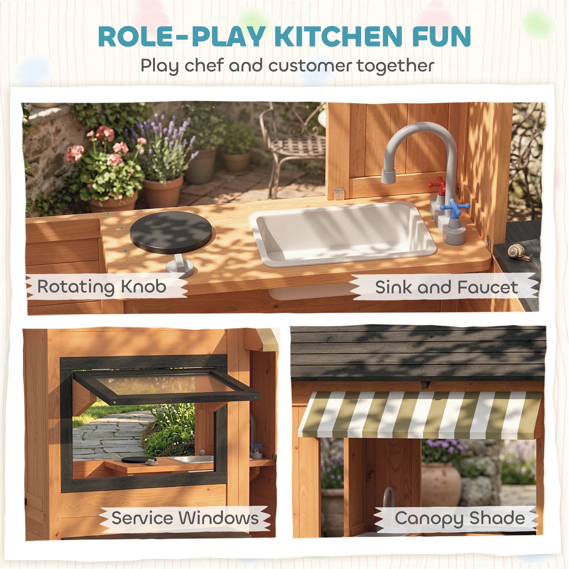 Qaba Wooden Kids Playhouse with Play Kitchen, Picnic Bench, Serving Station, Windows and Door for Backyard, Ages 3–8, Brown