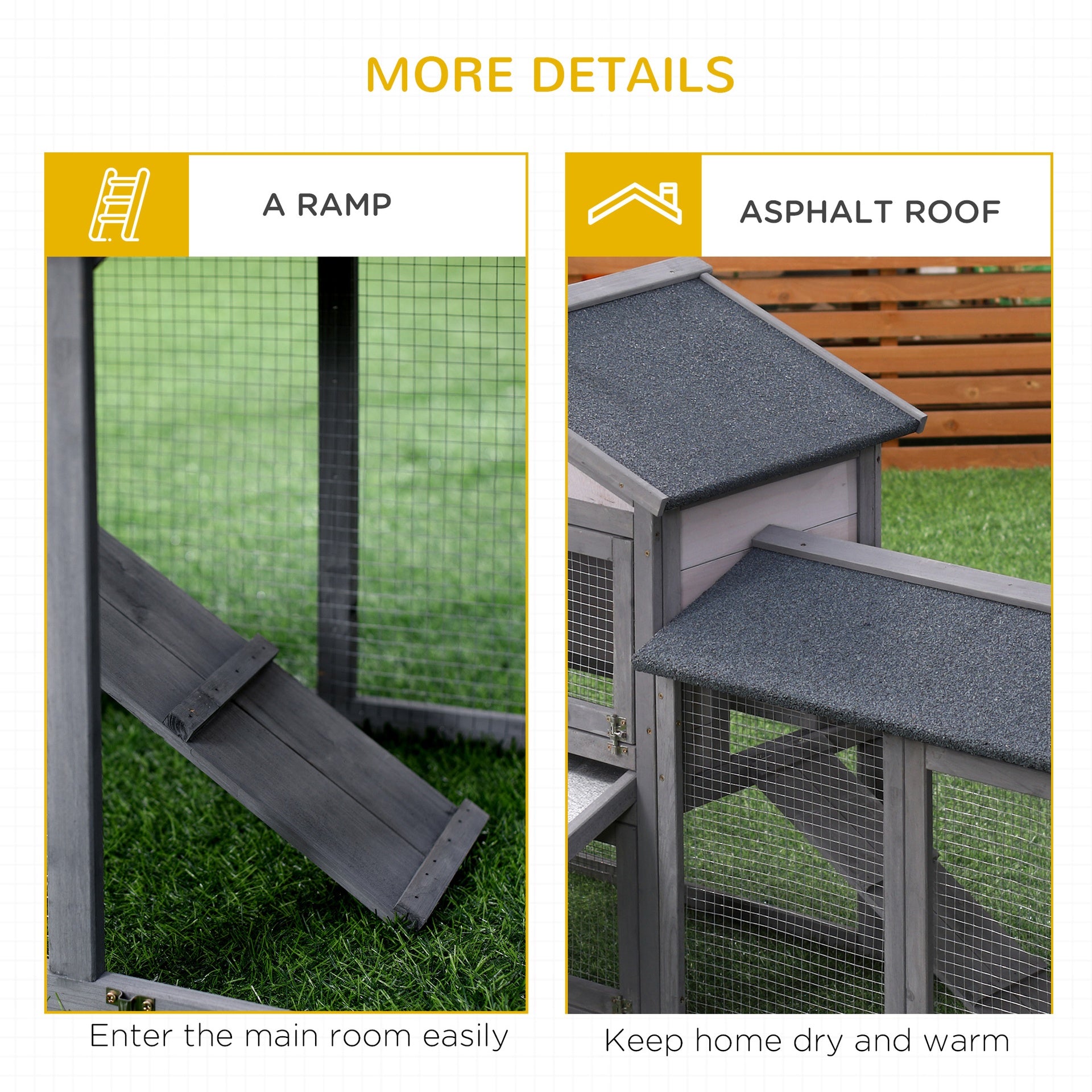 PawHut 58" Large Rabbit Hutch Outdoor Indoor, Wooden Bunny Hutch, Guinea Pig Cage with Run, Removable Tray, Asphalt Roof, Lockable Doors and Ramp, for 1-2 Small Rabbits, Chickens, Ducks, Dark Gray