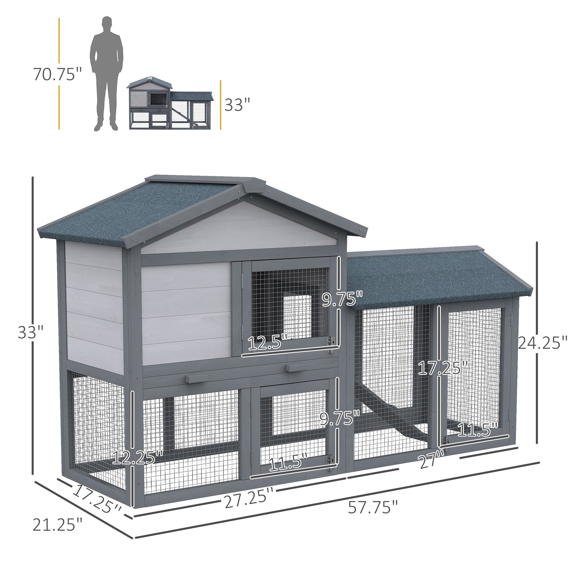PawHut 58" Large Rabbit Hutch Outdoor Indoor, Wooden Bunny Hutch, Guinea Pig Cage with Run, Removable Tray, Asphalt Roof, Lockable Doors and Ramp, for 1-2 Small Rabbits, Chickens, Ducks, Dark Gray