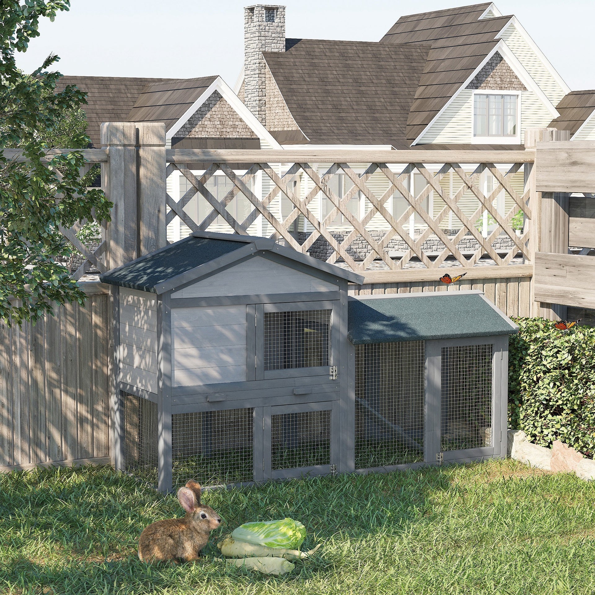PawHut 58" Large Rabbit Hutch Outdoor Indoor, Wooden Bunny Hutch, Guinea Pig Cage with Run, Removable Tray, Asphalt Roof, Lockable Doors and Ramp, for 1-2 Small Rabbits, Chickens, Ducks, Dark Gray