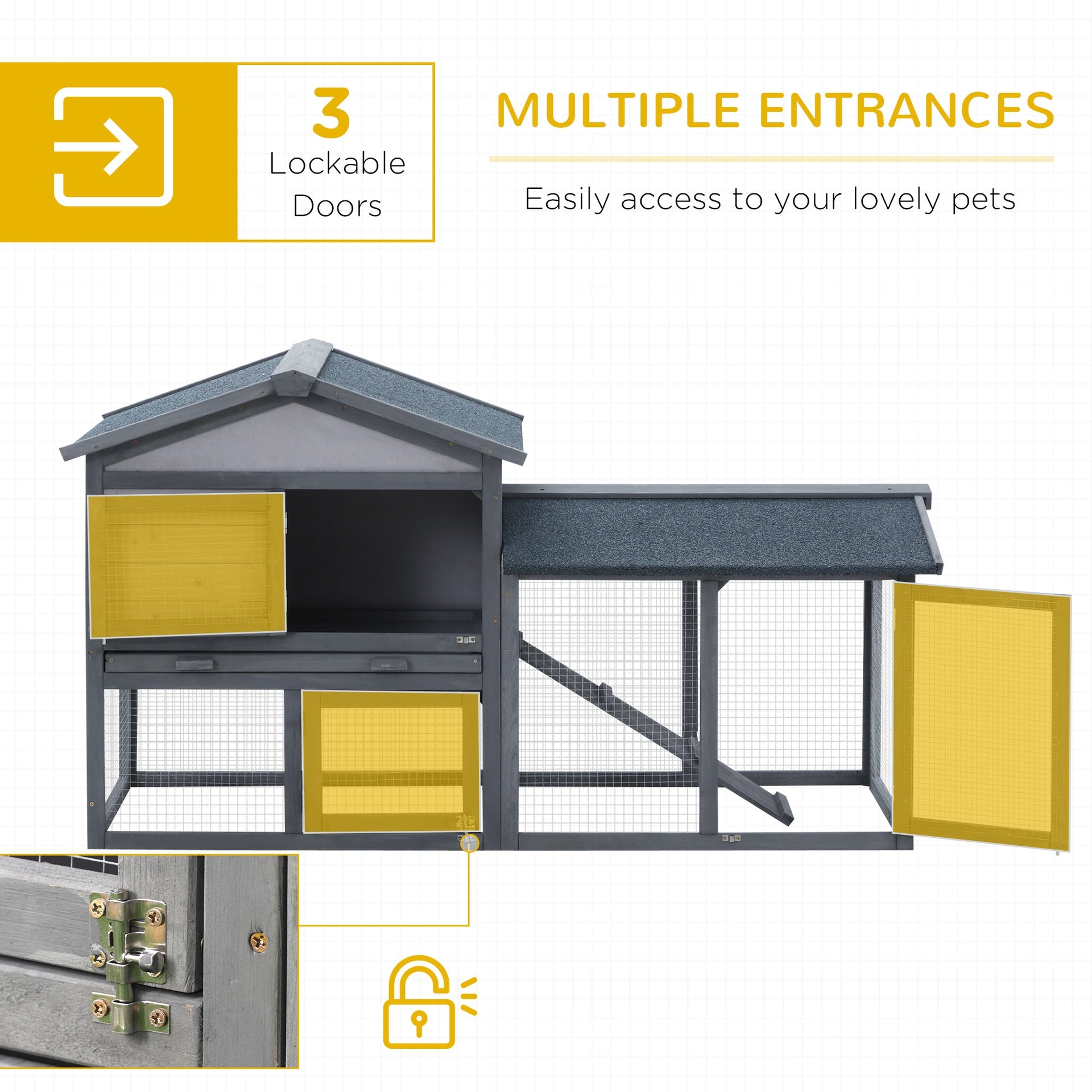PawHut 58" Large Rabbit Hutch Outdoor Indoor, Wooden Bunny Hutch, Guinea Pig Cage with Run, Removable Tray, Asphalt Roof, Lockable Doors and Ramp, for 1-2 Small Rabbits, Chickens, Ducks, Dark Gray