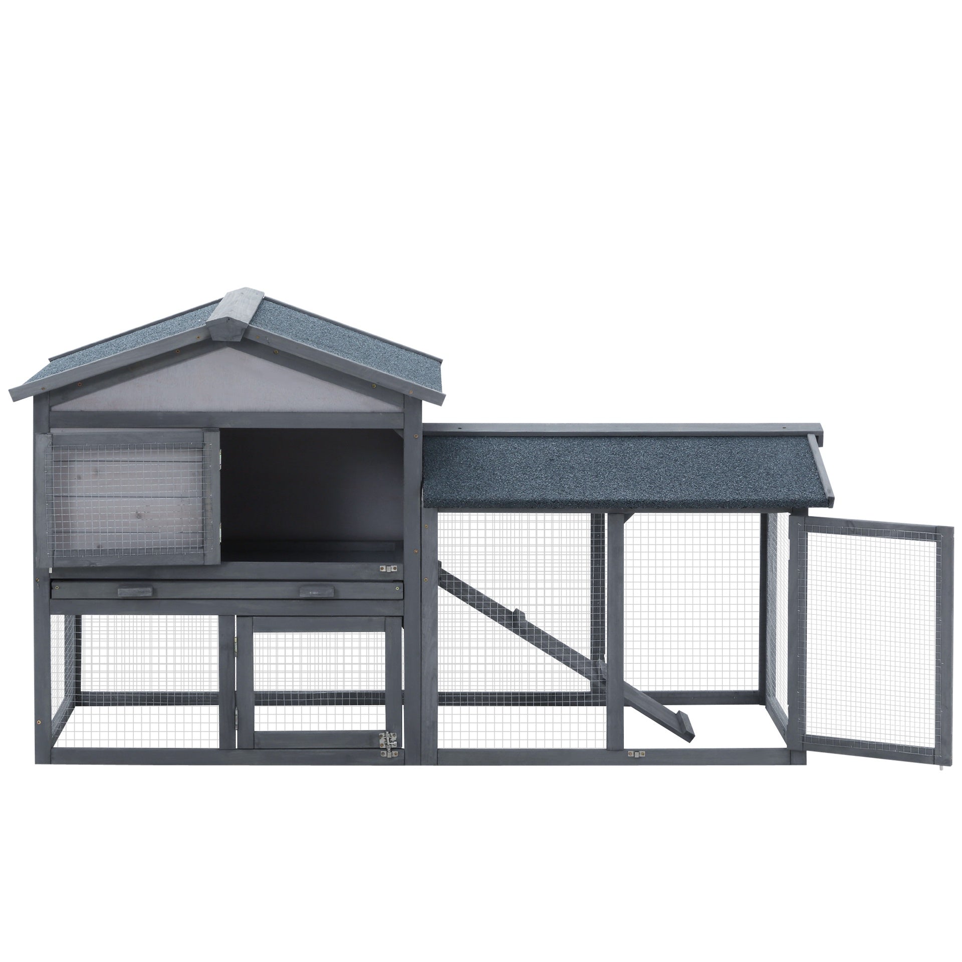 PawHut 58" Large Rabbit Hutch Outdoor Indoor, Wooden Bunny Hutch, Guinea Pig Cage with Run, Removable Tray, Asphalt Roof, Lockable Doors and Ramp, for 1-2 Small Rabbits, Chickens, Ducks, Dark Gray