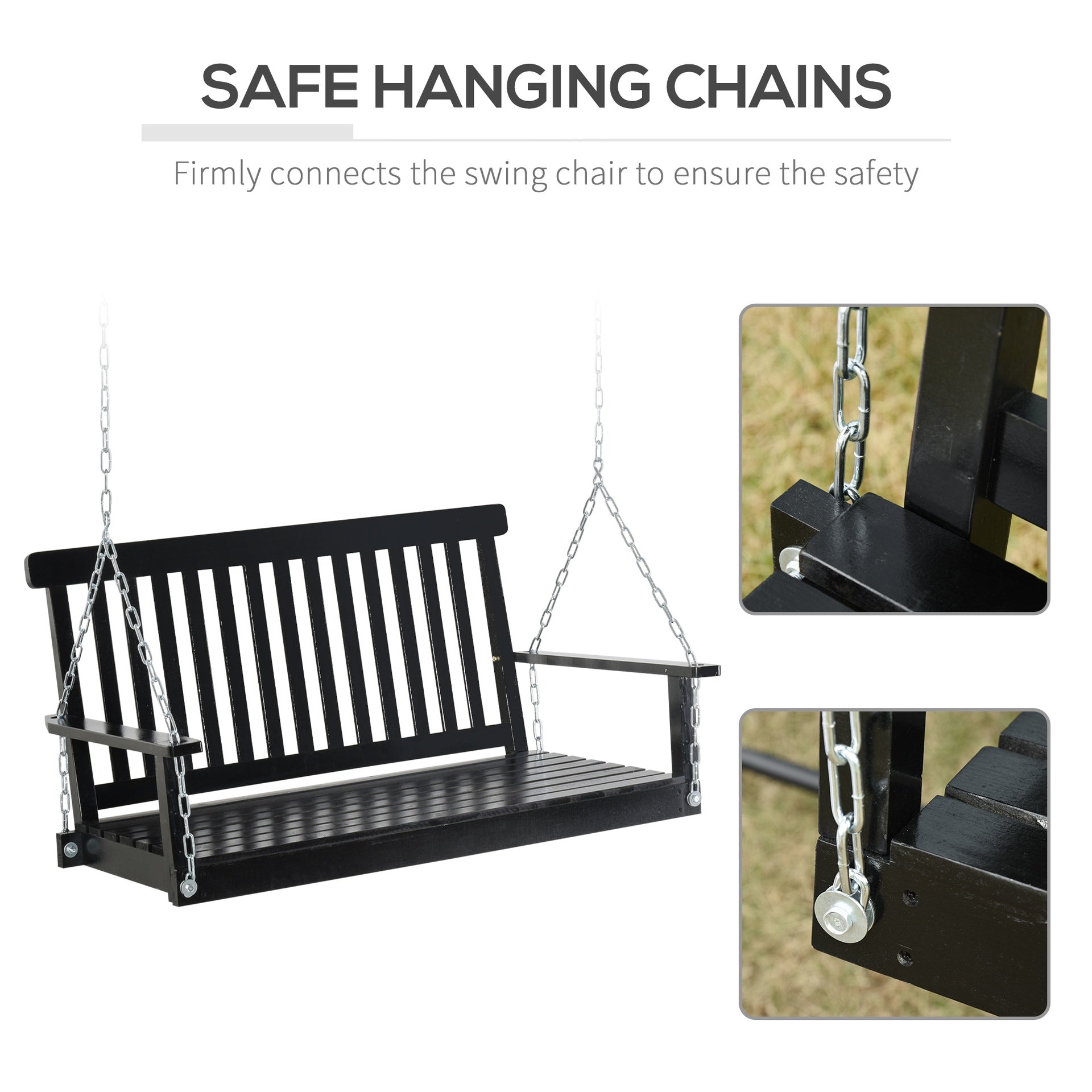 Outsunny 2-Seater Hanging Porch Swing Outdoor Patio Swing Chair Seat with Slatted Build and Chains, 440lbs Weight Capacity, Black