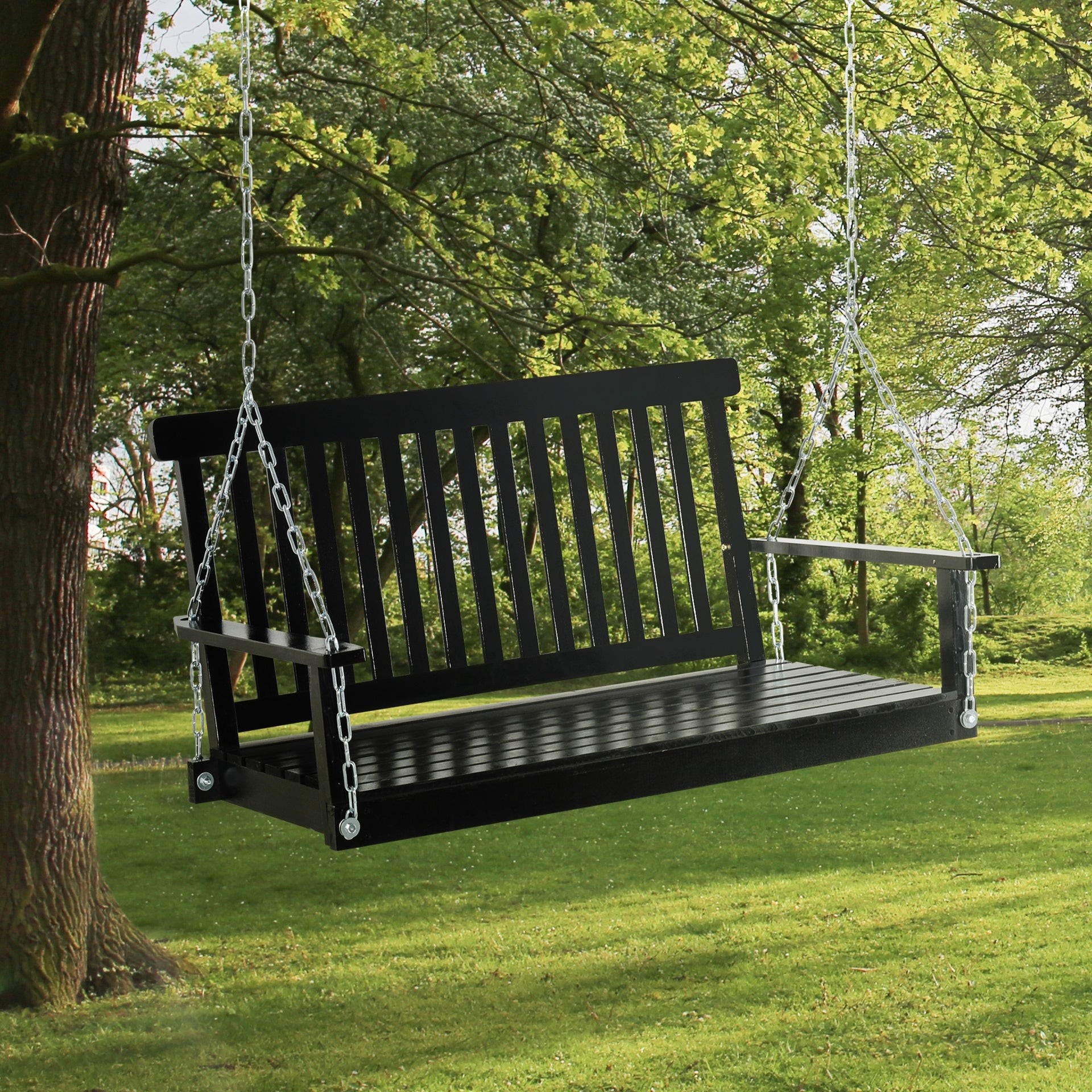Outsunny 2-Seater Hanging Porch Swing Outdoor Patio Swing Chair Seat with Slatted Build and Chains, 440lbs Weight Capacity, Black