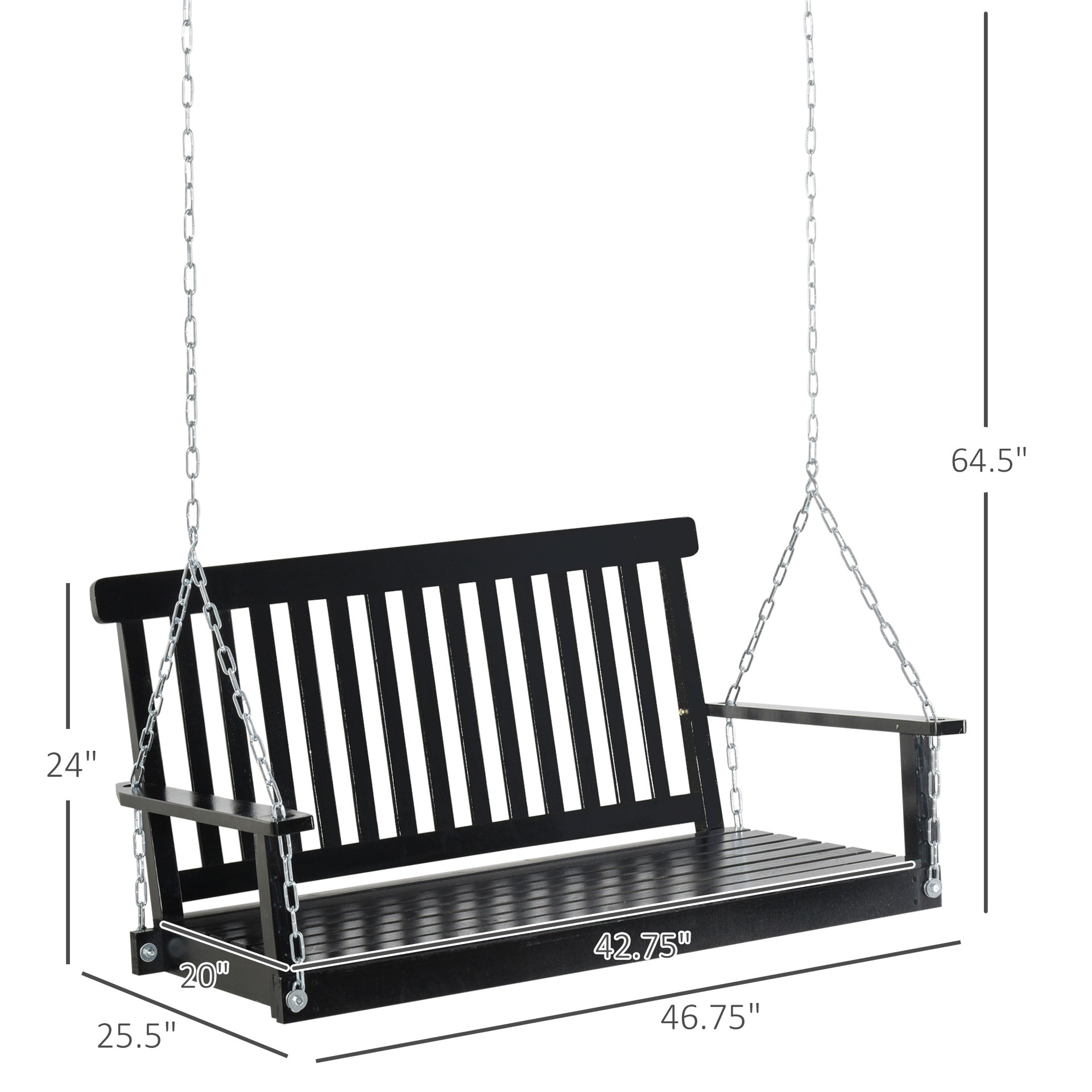 Outsunny 2-Seater Hanging Porch Swing Outdoor Patio Swing Chair Seat with Slatted Build and Chains, 440lbs Weight Capacity, Black