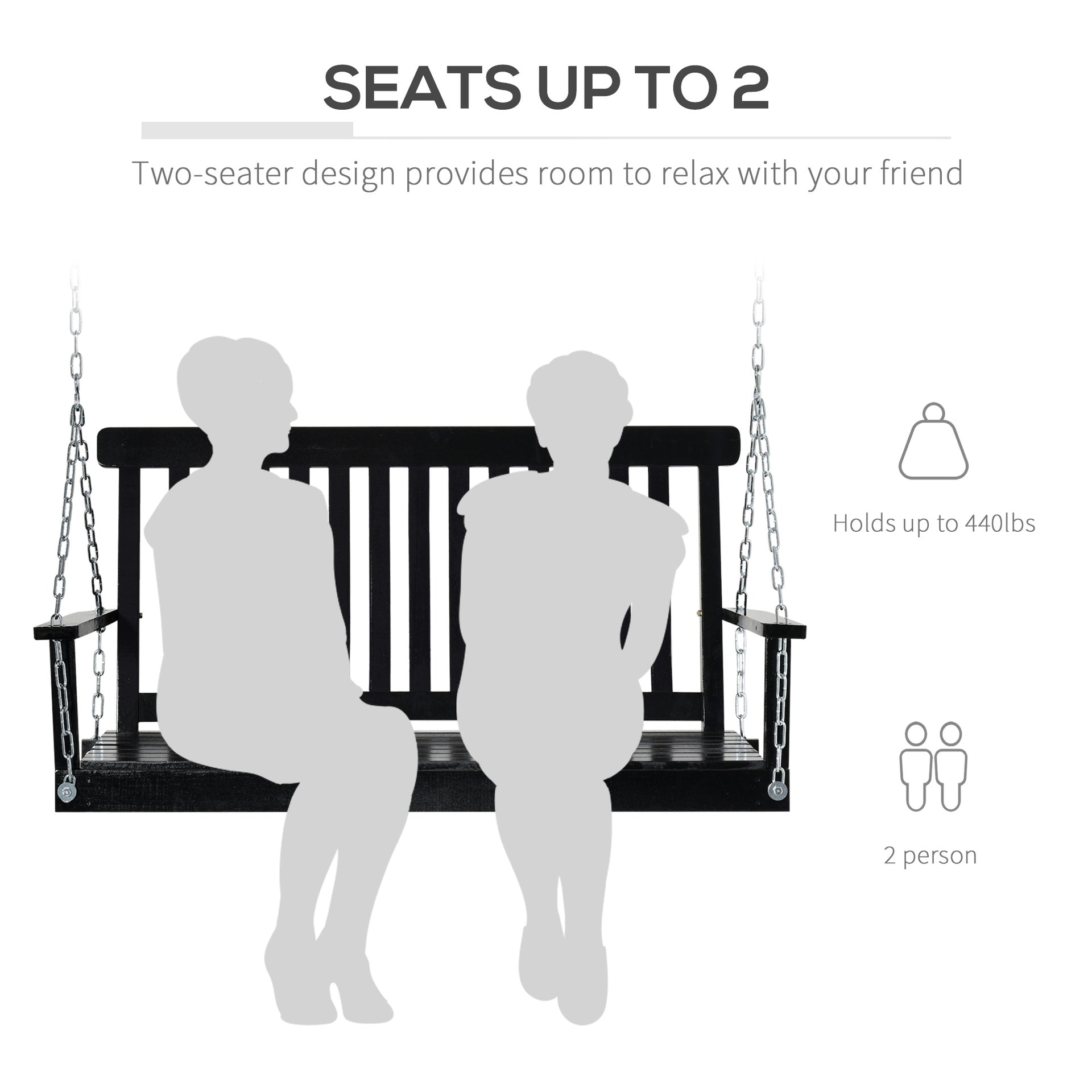 Outsunny 2-Seater Hanging Porch Swing Outdoor Patio Swing Chair Seat with Slatted Build and Chains, 440lbs Weight Capacity, Black