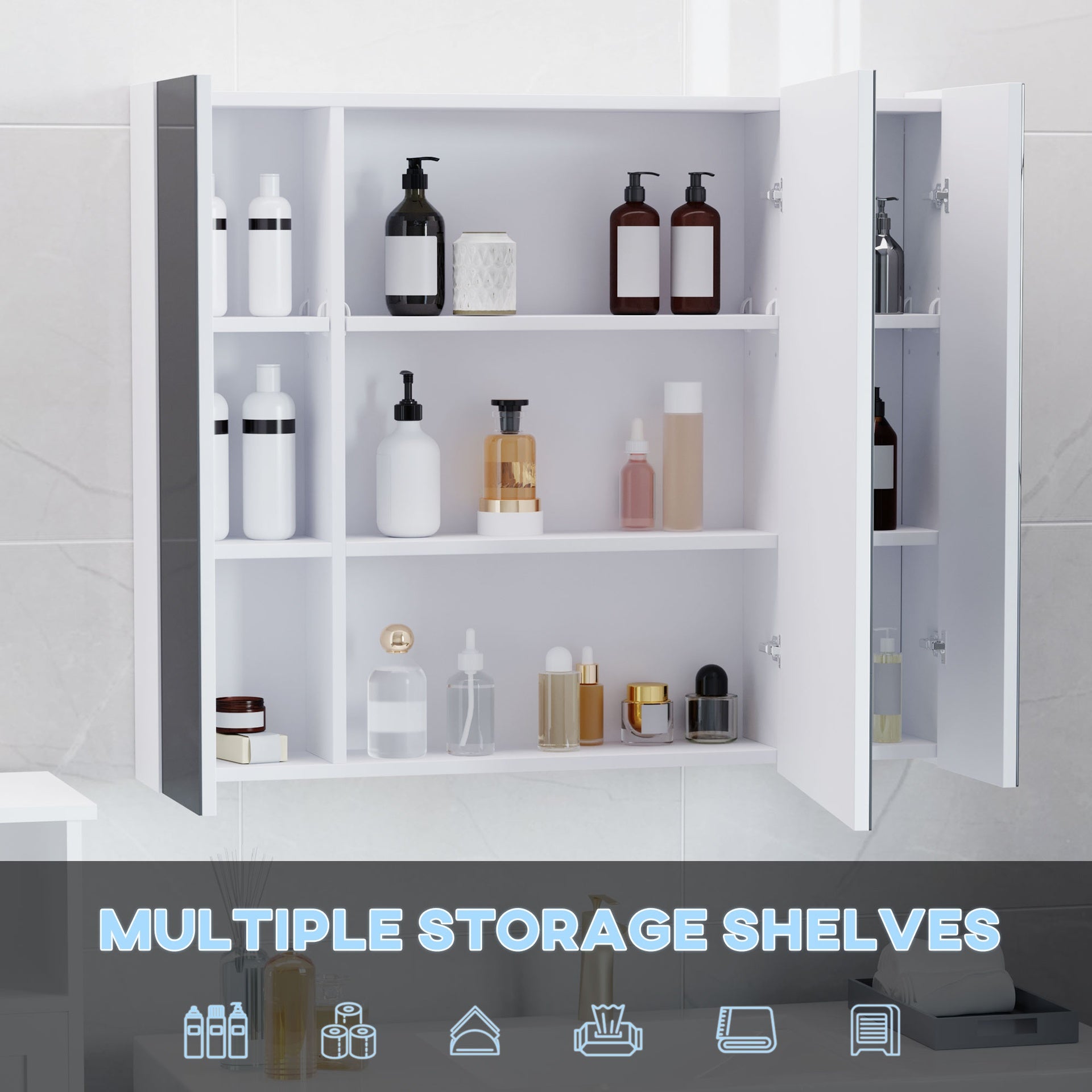 kleankin LED Medicine Cabinet, Wall-Mounted Bathroom Vanity Mirror Organizer with Dimmer Touch Switch, USB Charged, White