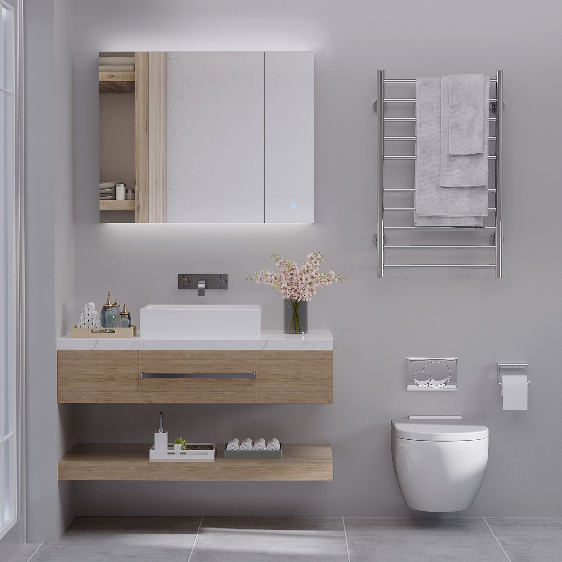 kleankin LED Medicine Cabinet, Wall-Mounted Bathroom Vanity Mirror Organizer with Dimmer Touch Switch, USB Charged, White