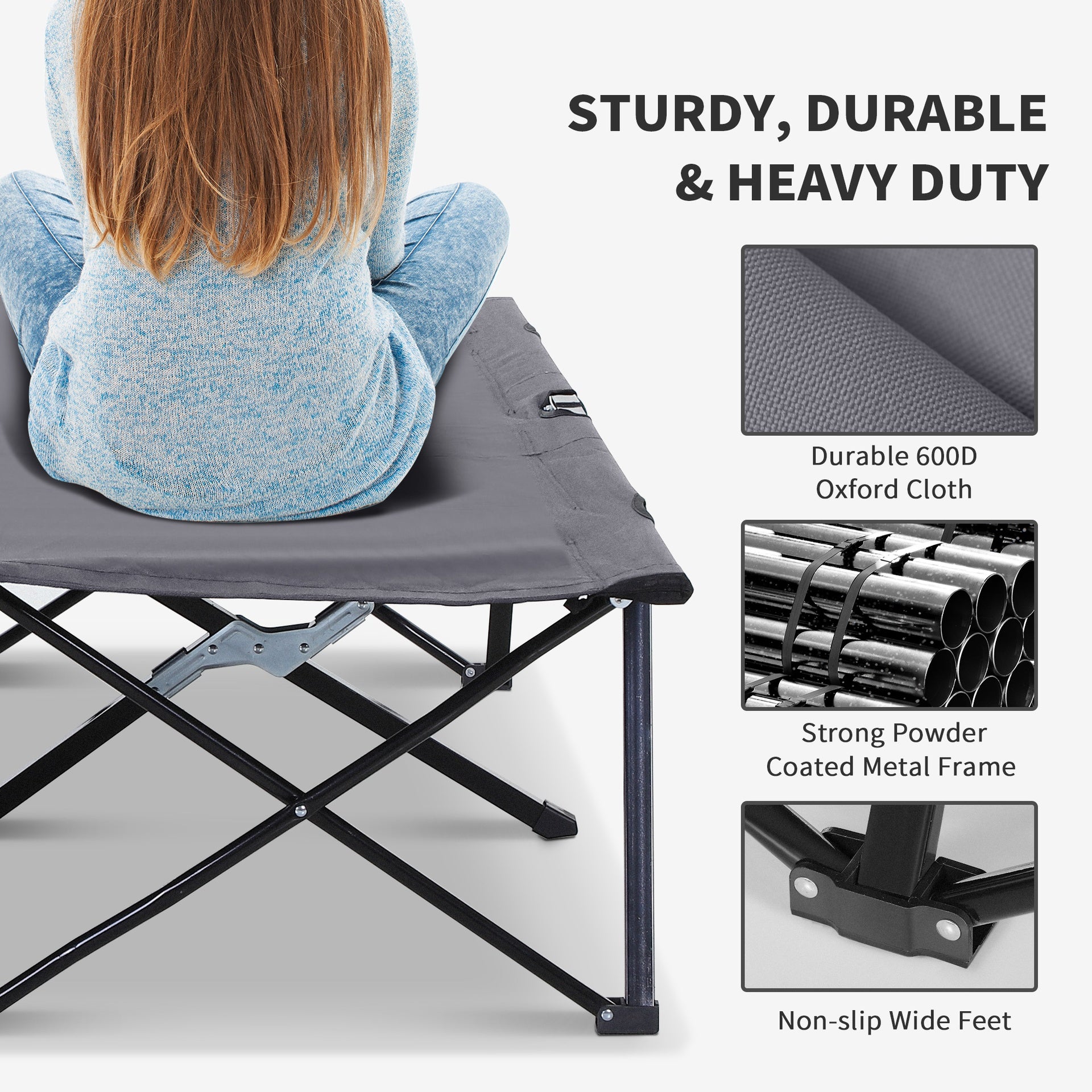 Outsunny 2 Person Folding Camping Cot for Adults, 50" Extra Wide Outdoor Portable Sleeping Cot with Carry Bag, Elevated Camping Bed, Beach Hiking, Grey