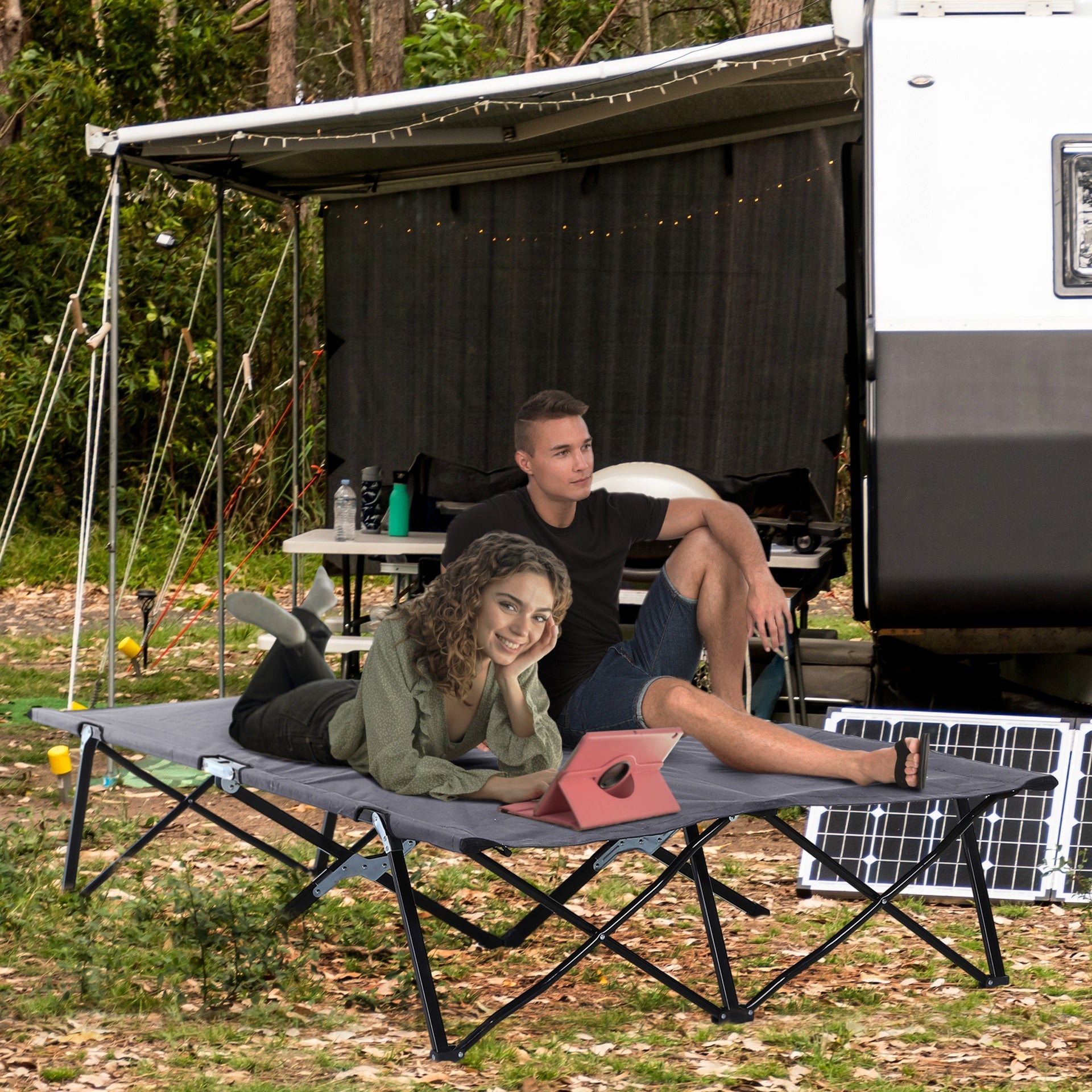 Outsunny 2 Person Folding Camping Cot for Adults, 50" Extra Wide Outdoor Portable Sleeping Cot with Carry Bag, Elevated Camping Bed, Beach Hiking, Grey