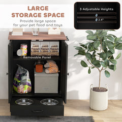 PawHut Pet Feeding Station, Dog Food Storage Cabinet w/ Raised Dog Bowls, Adjustable Panel, Hooks for Medium Dogs, Black