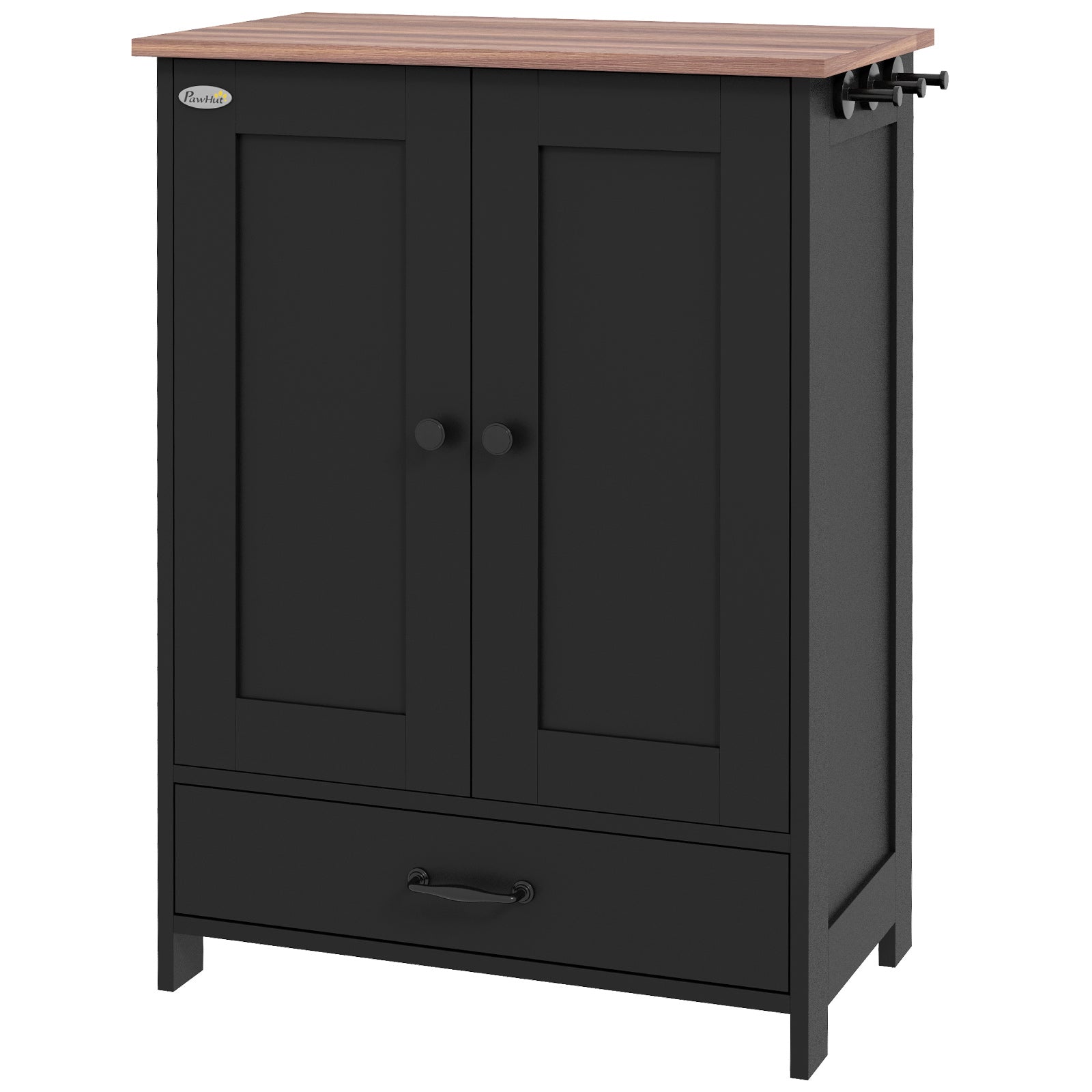 PawHut Pet Feeding Station, Dog Food Storage Cabinet w/ Raised Dog Bowls, Adjustable Panel, Hooks for Medium Dogs, Black