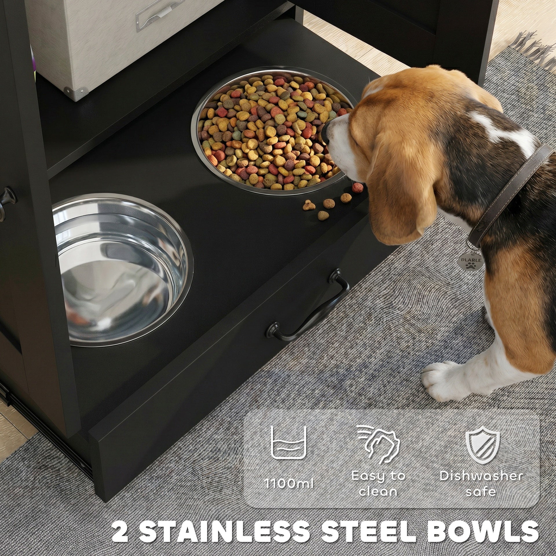 PawHut Pet Feeding Station, Dog Food Storage Cabinet w/ Raised Dog Bowls, Adjustable Panel, Hooks for Medium Dogs, Black
