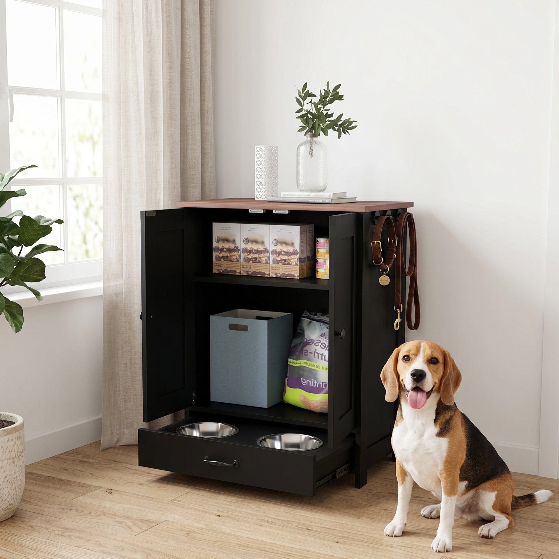 PawHut Pet Feeding Station, Dog Food Storage Cabinet w/ Raised Dog Bowls, Adjustable Panel, Hooks for Medium Dogs, Black