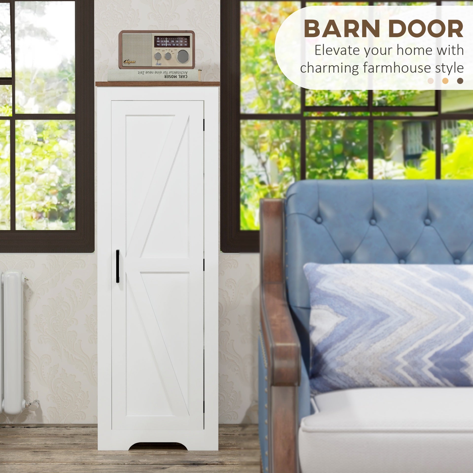 HOMCOM Farmhouse Accent Cabinet with Adjustable Shelf Barn Door Storage Cabinet for Living Room Floor Pantry Cabinet, White