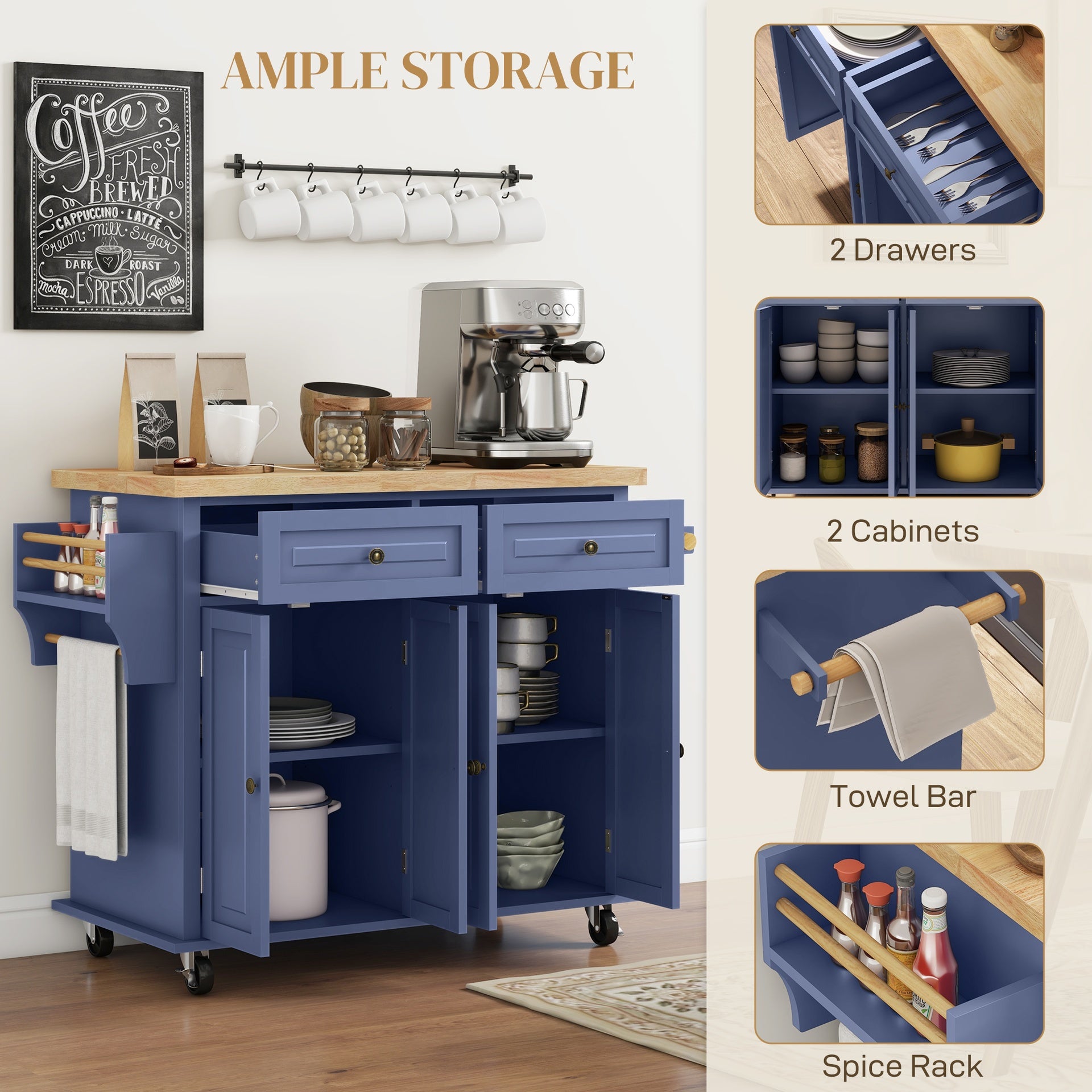 HOMCOM Kitchen Island on Wheels, Rolling Cart with Rubberwood Top, Spice Rack, Towel Rack and Drawers, Navy Blue