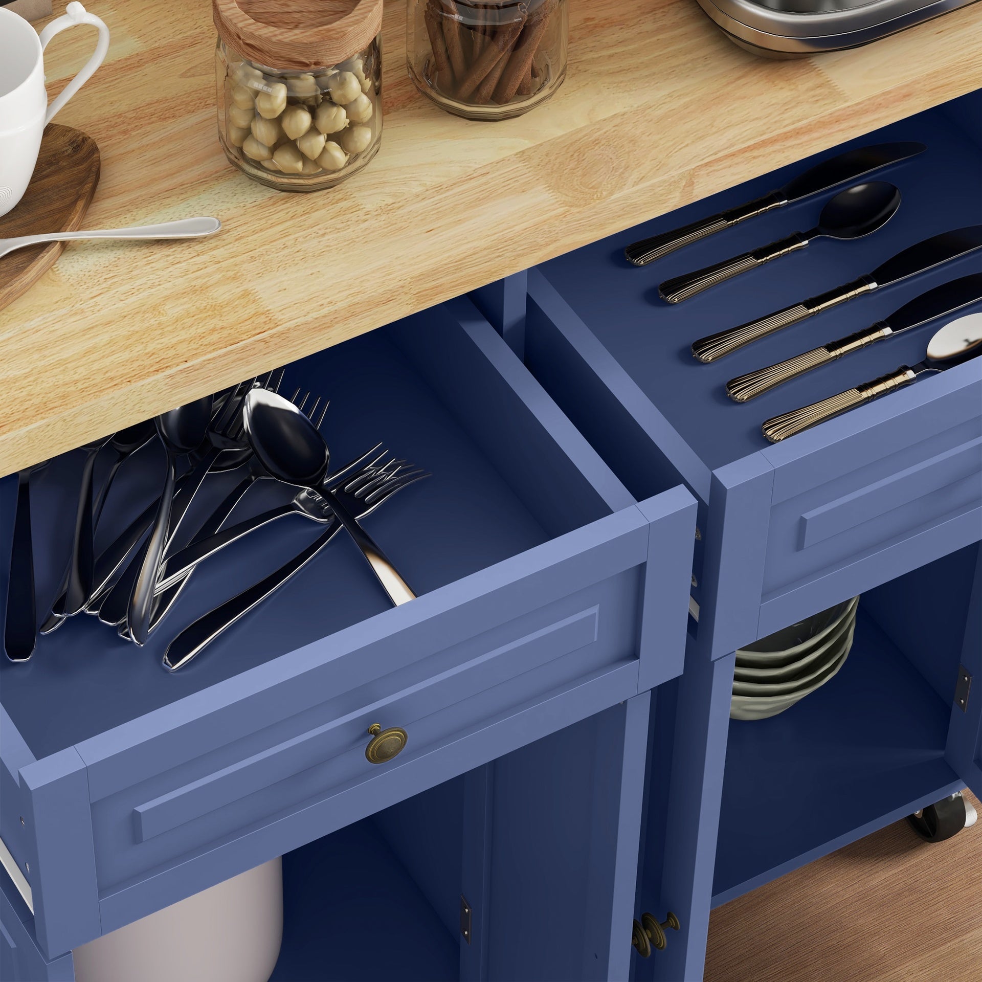 HOMCOM Kitchen Island on Wheels, Rolling Cart with Rubberwood Top, Spice Rack, Towel Rack and Drawers, Navy Blue