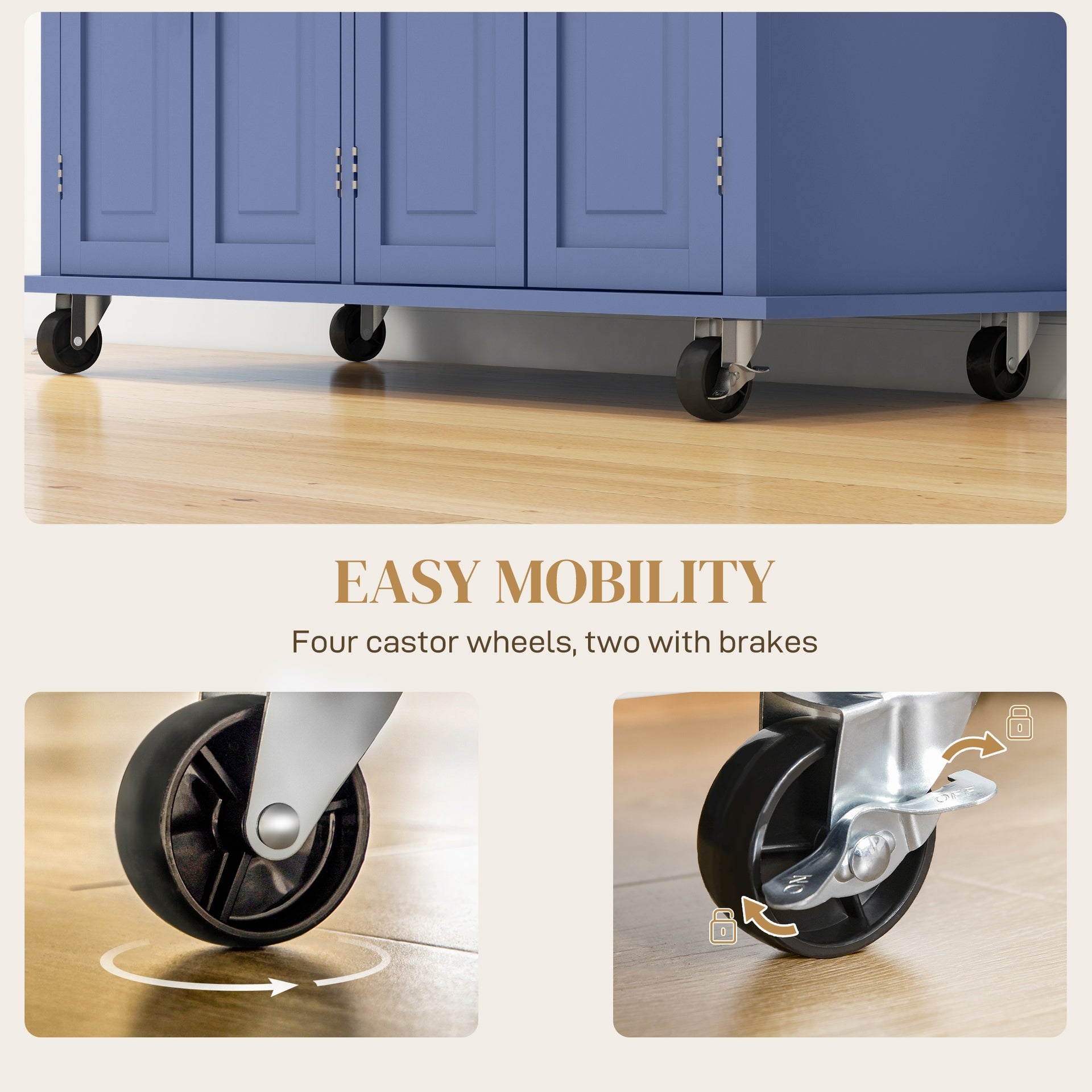 HOMCOM Kitchen Island on Wheels, Rolling Cart with Rubberwood Top, Spice Rack, Towel Rack and Drawers, Navy Blue