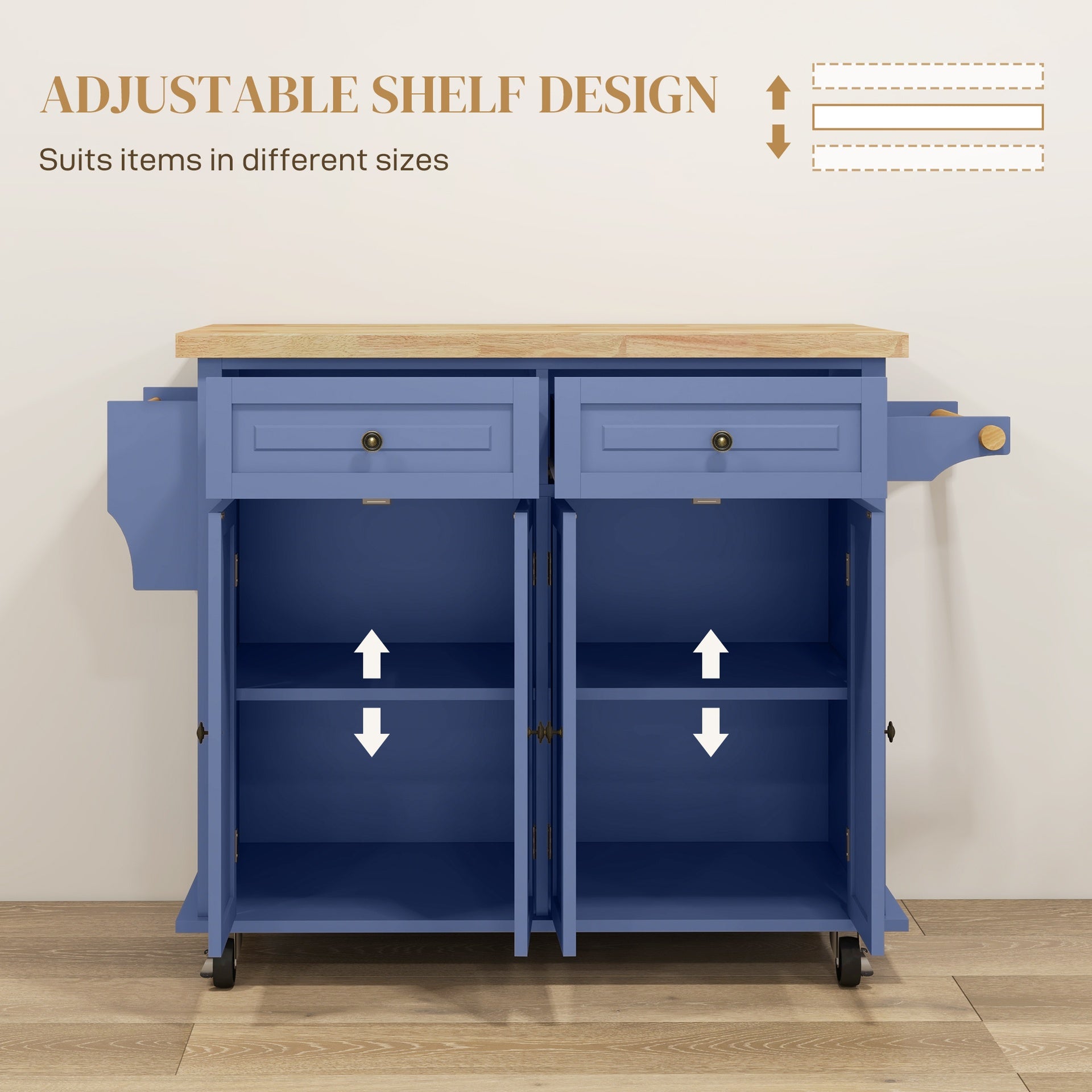 HOMCOM Kitchen Island on Wheels, Rolling Cart with Rubberwood Top, Spice Rack, Towel Rack and Drawers, Navy Blue