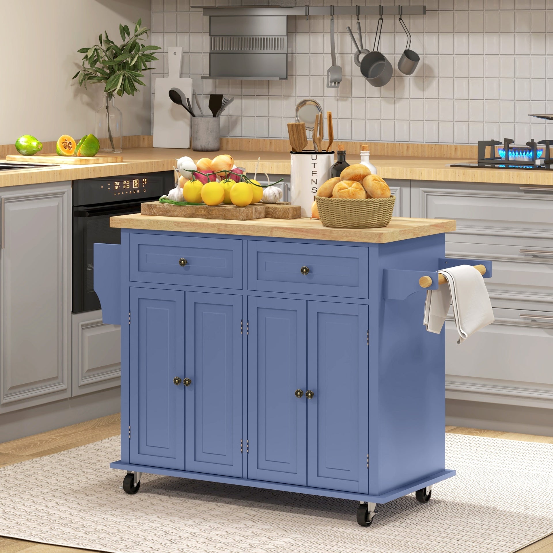 HOMCOM Kitchen Island on Wheels, Rolling Cart with Rubberwood Top, Spice Rack, Towel Rack and Drawers, Navy Blue