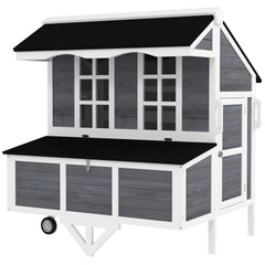 PawHut 43" Chicken Coop with Wheels, Chicken Tractor with Nesting Box, Windows, Pull-out Tray, Perches, for 2-4 Hens, Gray