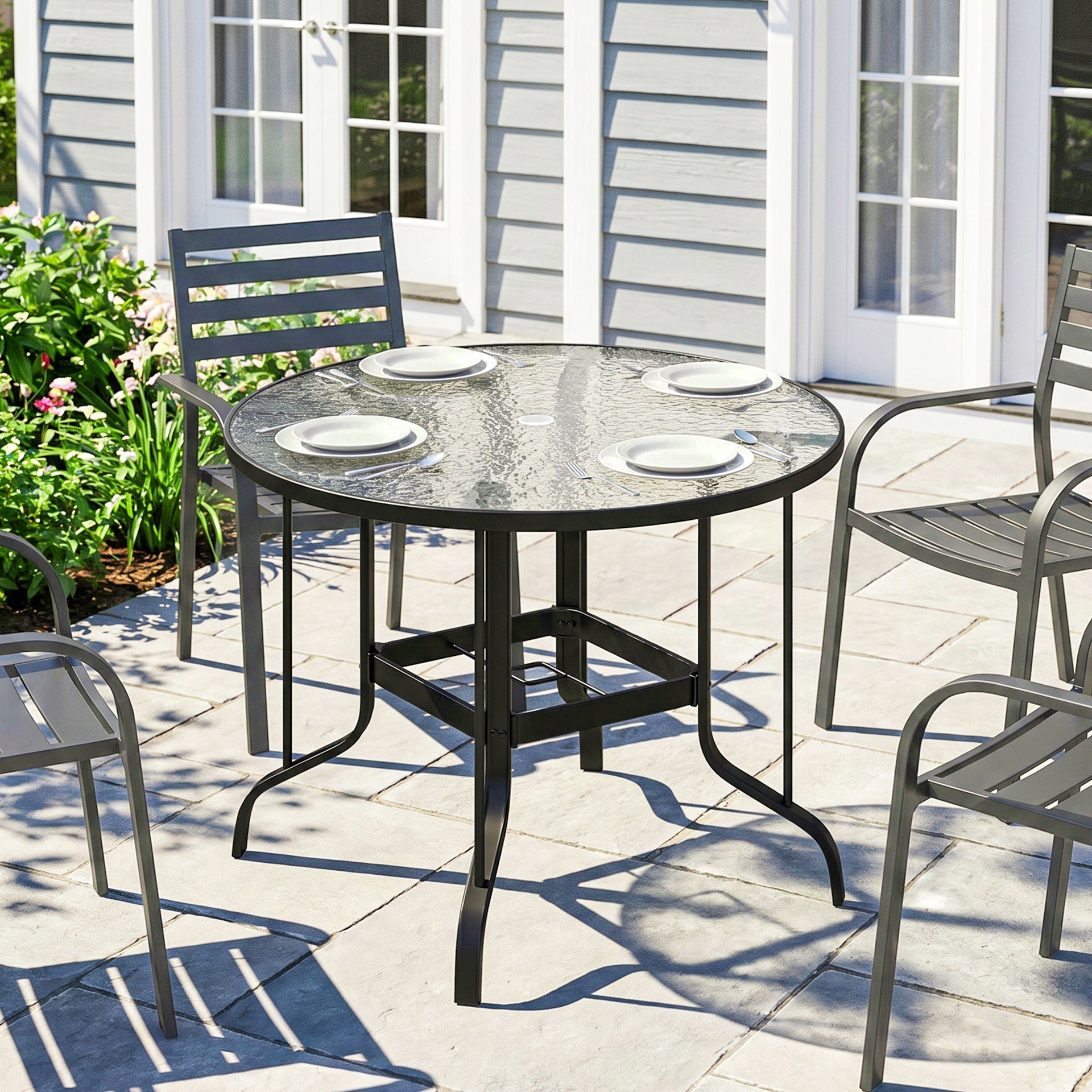 Outsunny 38" Round Patio Table with Umbrella Hole, Tempered Glass Outdoor Dining Table, Black