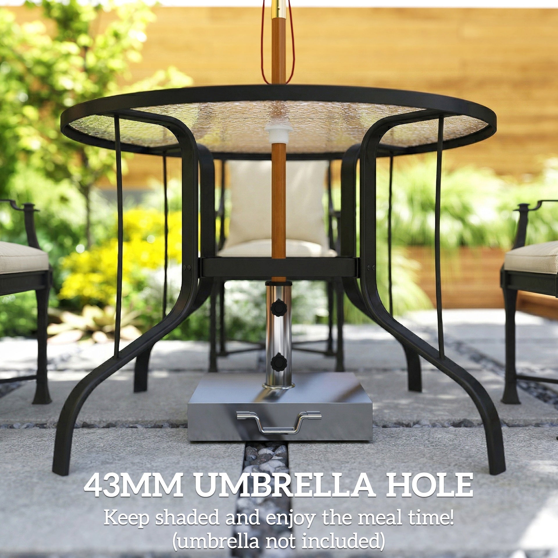 Outsunny 38" Round Patio Table with Umbrella Hole, Tempered Glass Outdoor Dining Table, Black