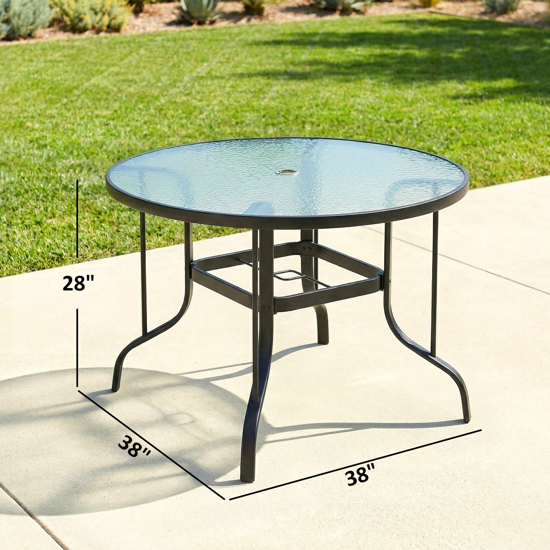 Outsunny 38" Round Patio Table with Umbrella Hole, Tempered Glass Outdoor Dining Table, Black