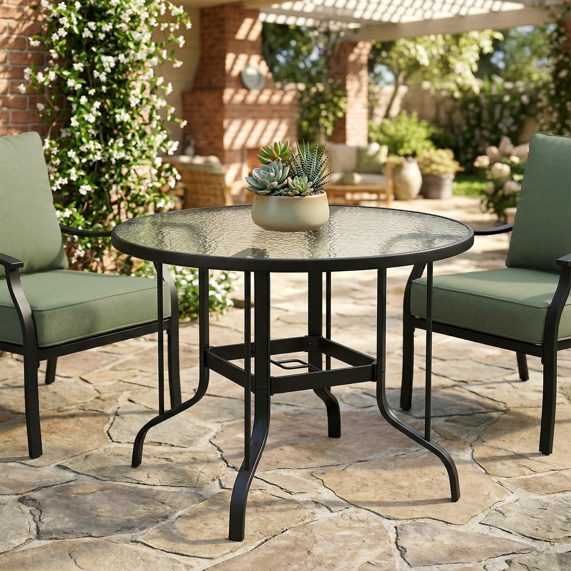 Outsunny 38" Round Patio Table with Umbrella Hole, Tempered Glass Outdoor Dining Table, Black