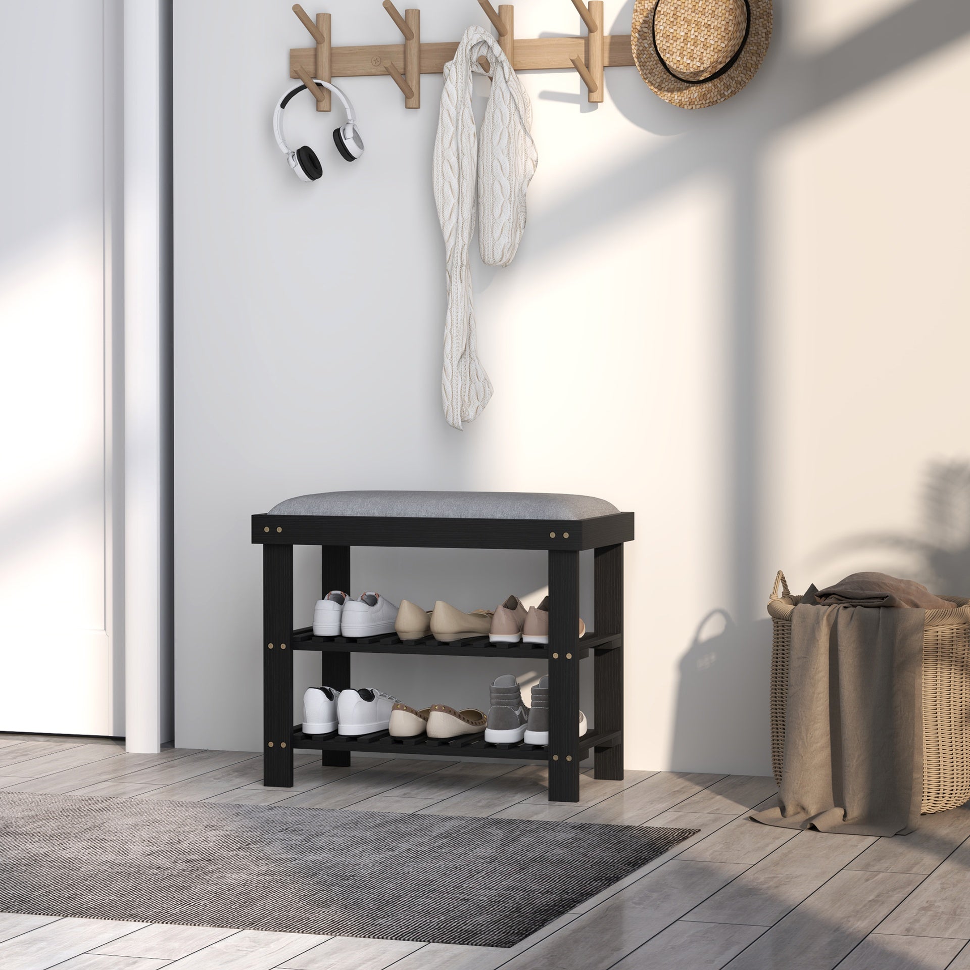 HOMCOM Bamboo Shoe Storage Bench, 3-Tier Entryway Bench with Cushion, Shoe Organizer for Entryway, Hallway, Black