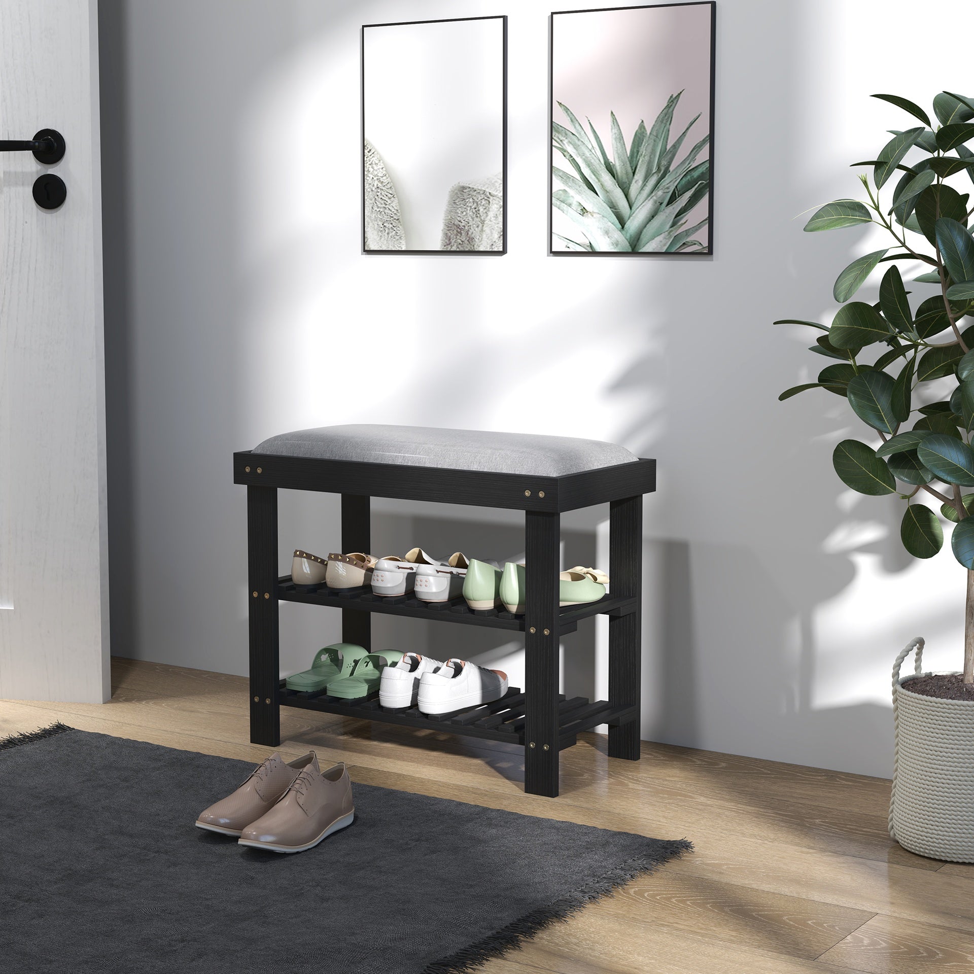 HOMCOM Bamboo Shoe Storage Bench, 3-Tier Entryway Bench with Cushion, Shoe Organizer for Entryway, Hallway, Black