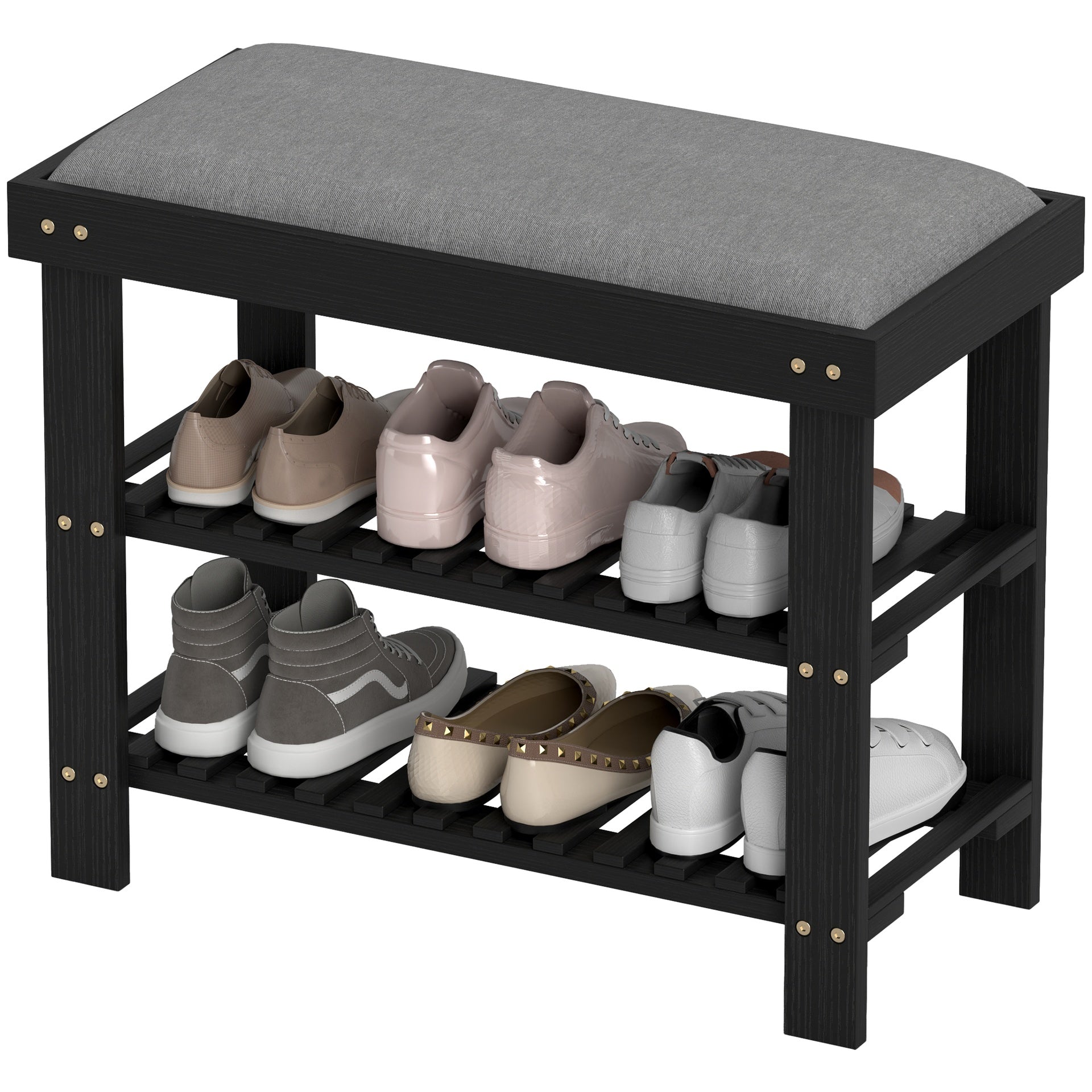 HOMCOM Bamboo Shoe Storage Bench, 3-Tier Entryway Bench with Cushion, Shoe Organizer for Entryway, Hallway, Black
