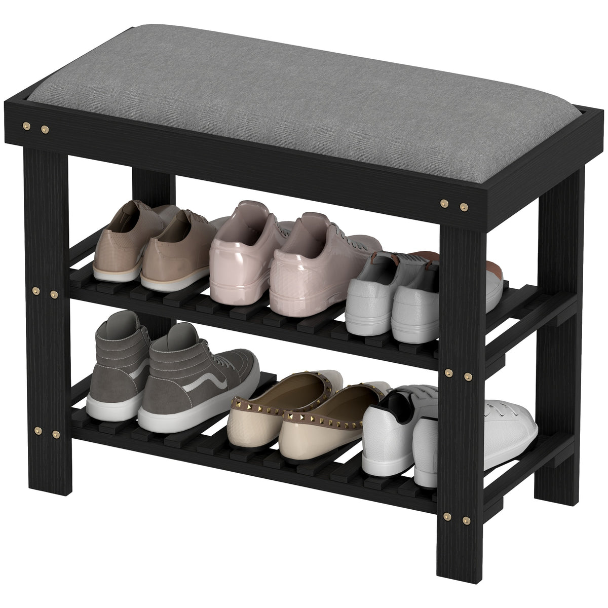HOMCOM Bamboo Shoe Storage Bench, 3-Tier Entryway Bench with Cushion, Shoe Organizer for Entryway, Hallway, Black