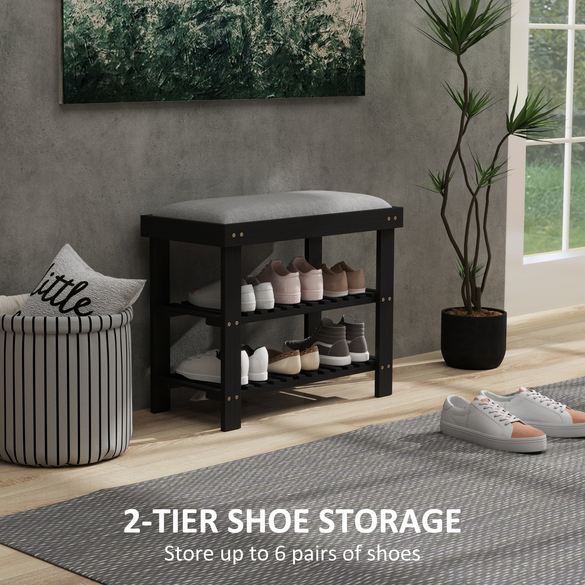 HOMCOM Bamboo Shoe Storage Bench, 3-Tier Entryway Bench with Cushion, Shoe Organizer for Entryway, Hallway, Black