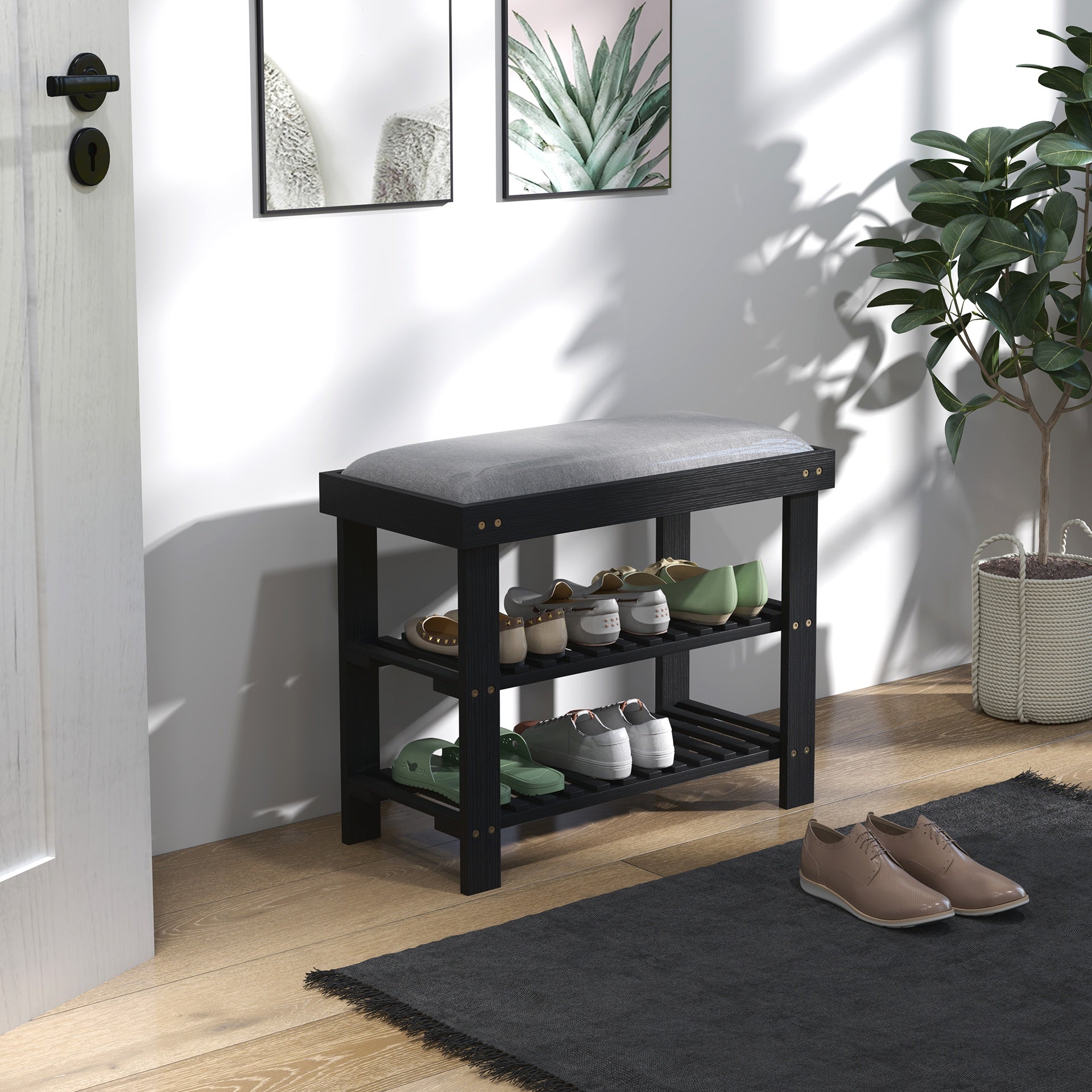 HOMCOM Bamboo Shoe Storage Bench, 3-Tier Entryway Bench with Cushion, Shoe Organizer for Entryway, Hallway, Black