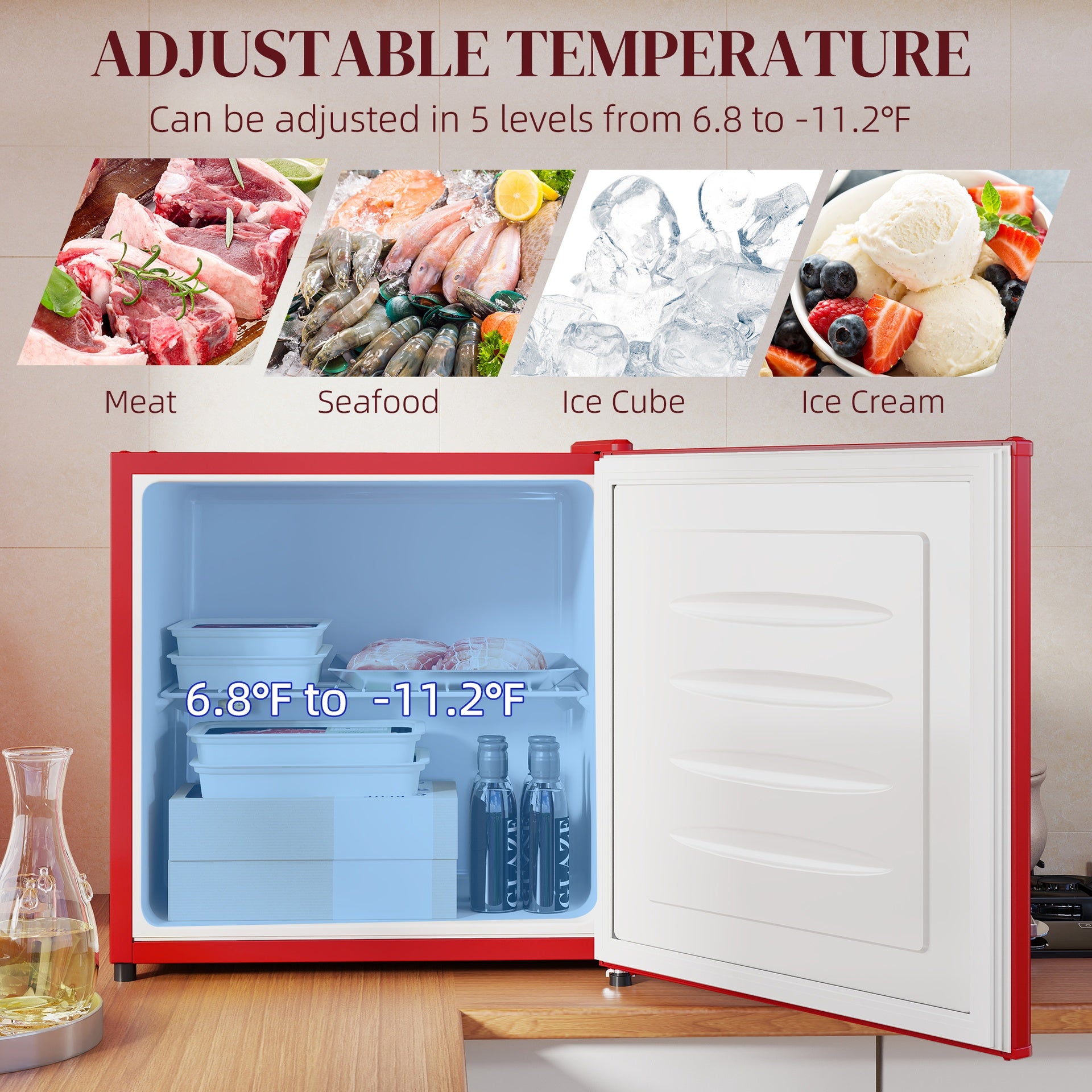 HOMCOM 1.1 Cu.Ft Countertop Mini Freezer, Compact Upright Freezer with Removable Shelves, Red