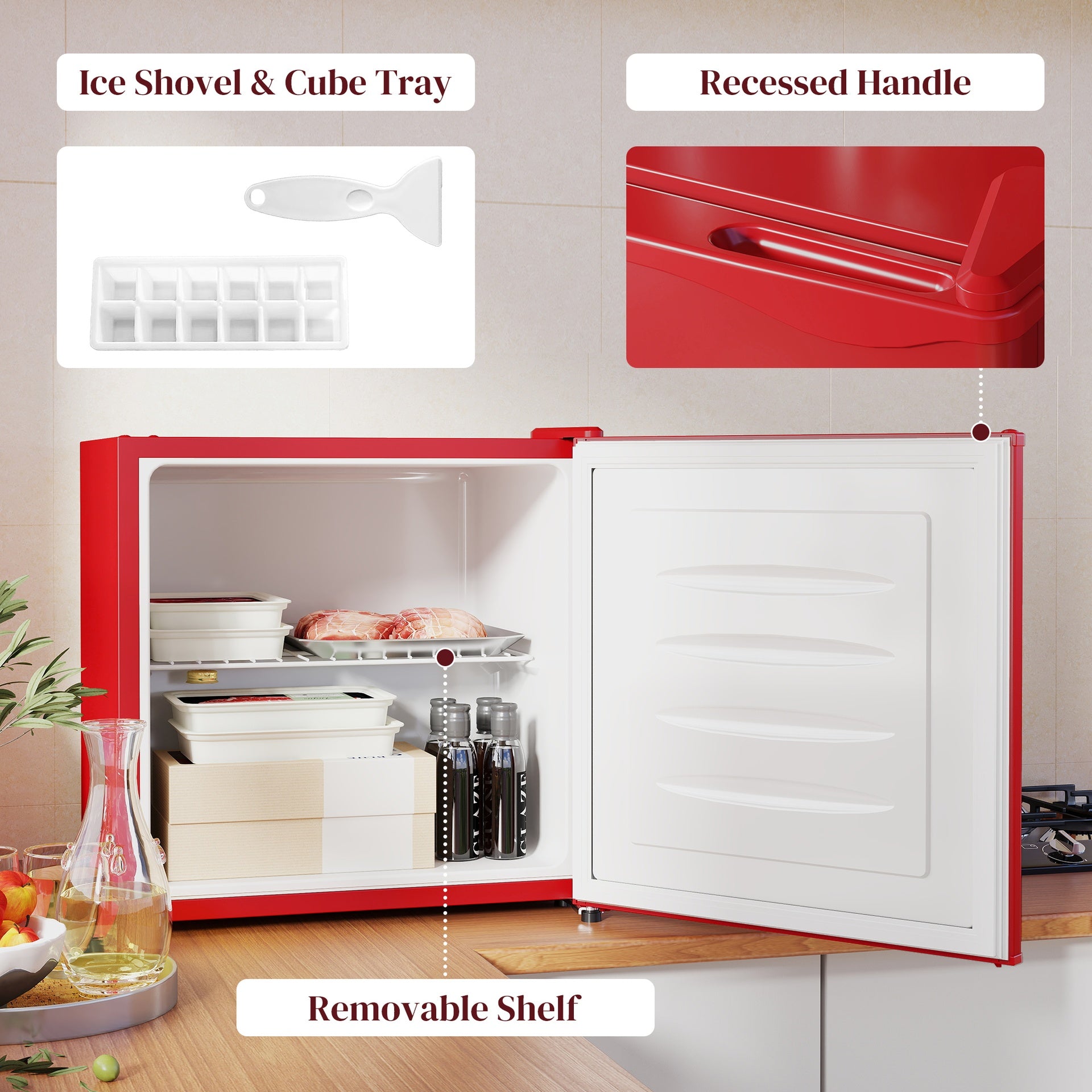 HOMCOM 1.1 Cu.Ft Countertop Mini Freezer, Compact Upright Freezer with Removable Shelves, Red