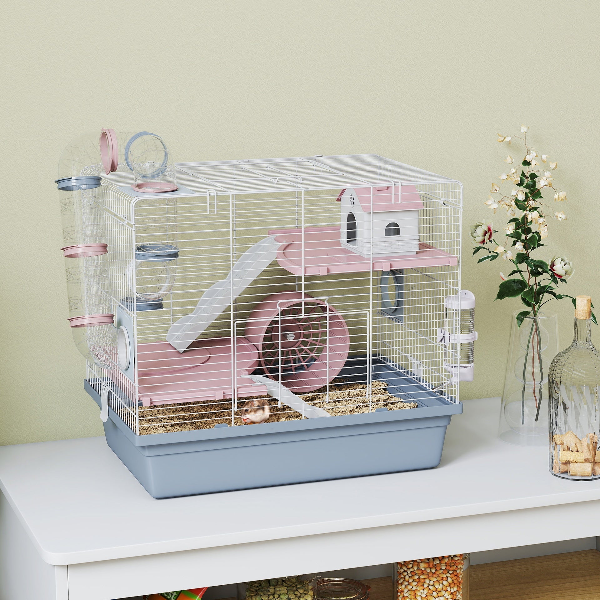 PawHut Hamster Cage, 3-Tier Small Animal Cage with Exercise Wheel, Food Bowl, Water Bottle, House, Tunnels, Ramps