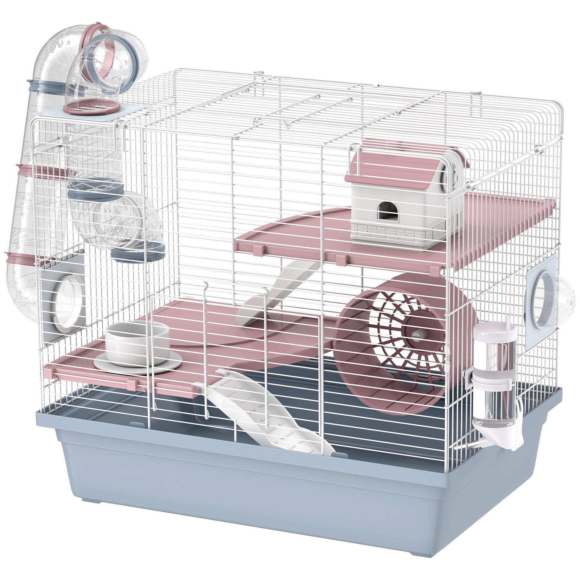 PawHut Hamster Cage, 3-Tier Small Animal Cage with Exercise Wheel, Food Bowl, Water Bottle, House, Tunnels, Ramps