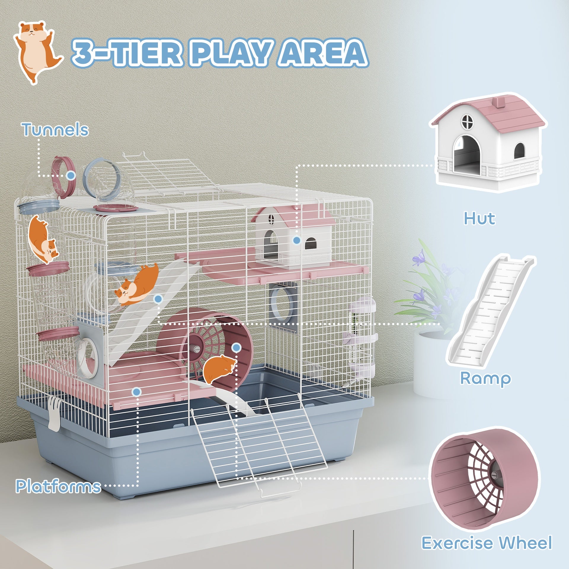 PawHut Hamster Cage, 3-Tier Small Animal Cage with Exercise Wheel, Food Bowl, Water Bottle, House, Tunnels, Ramps
