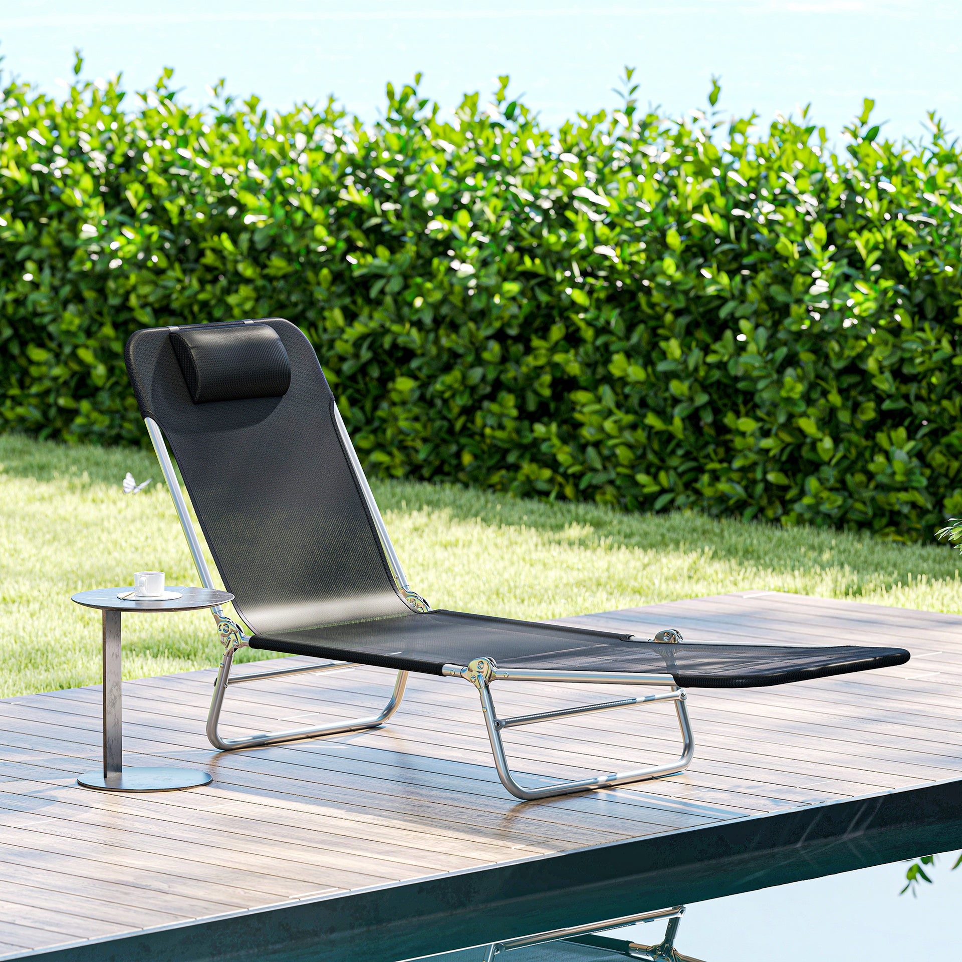 Outsunny Folding Chaise Lounge Chair, Portable Tanning Chair with Adjustable Backrest, Pillow for Beach Poolside Patio, Black