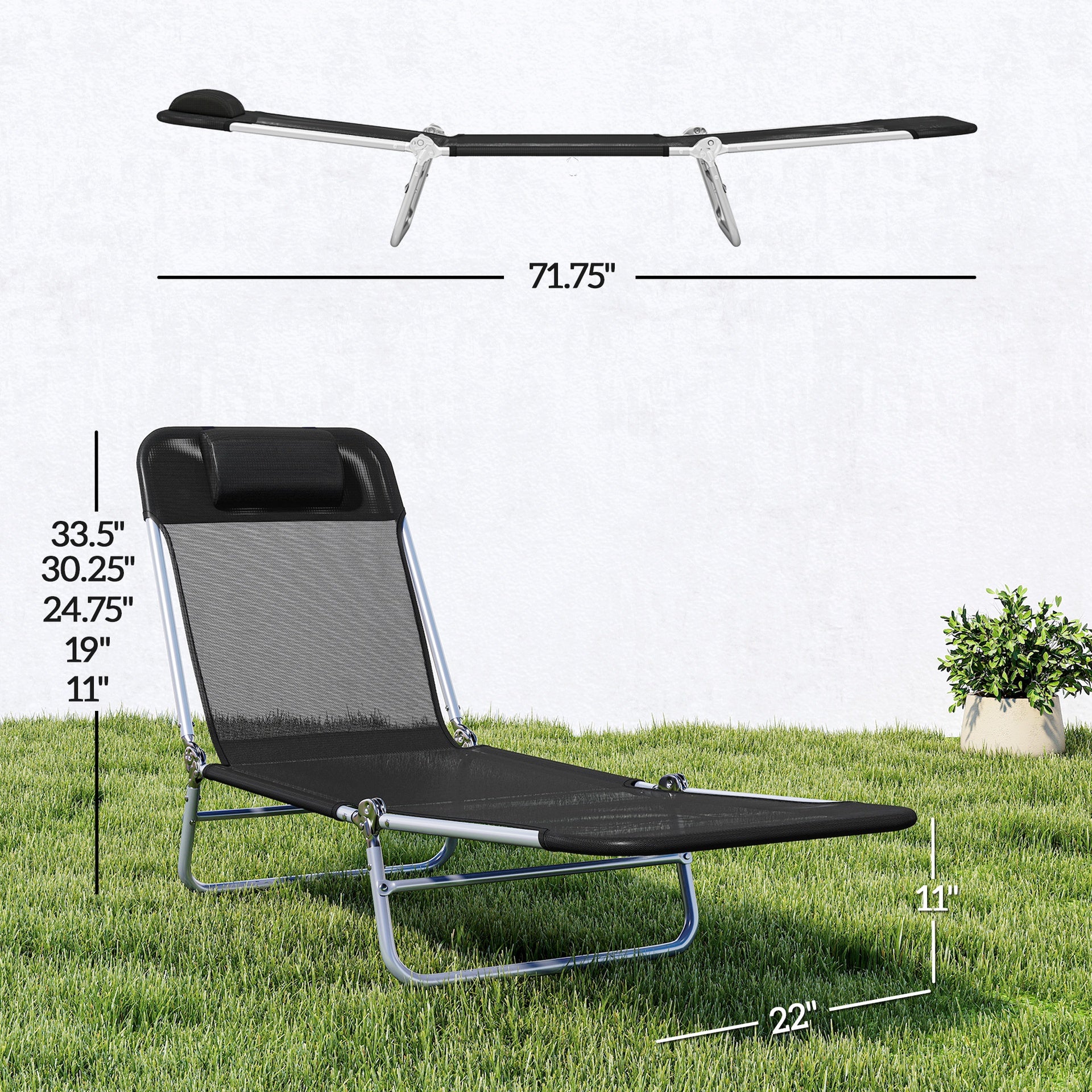 Outsunny Folding Chaise Lounge Chair, Portable Tanning Chair with Adjustable Backrest, Pillow for Beach Poolside Patio, Black